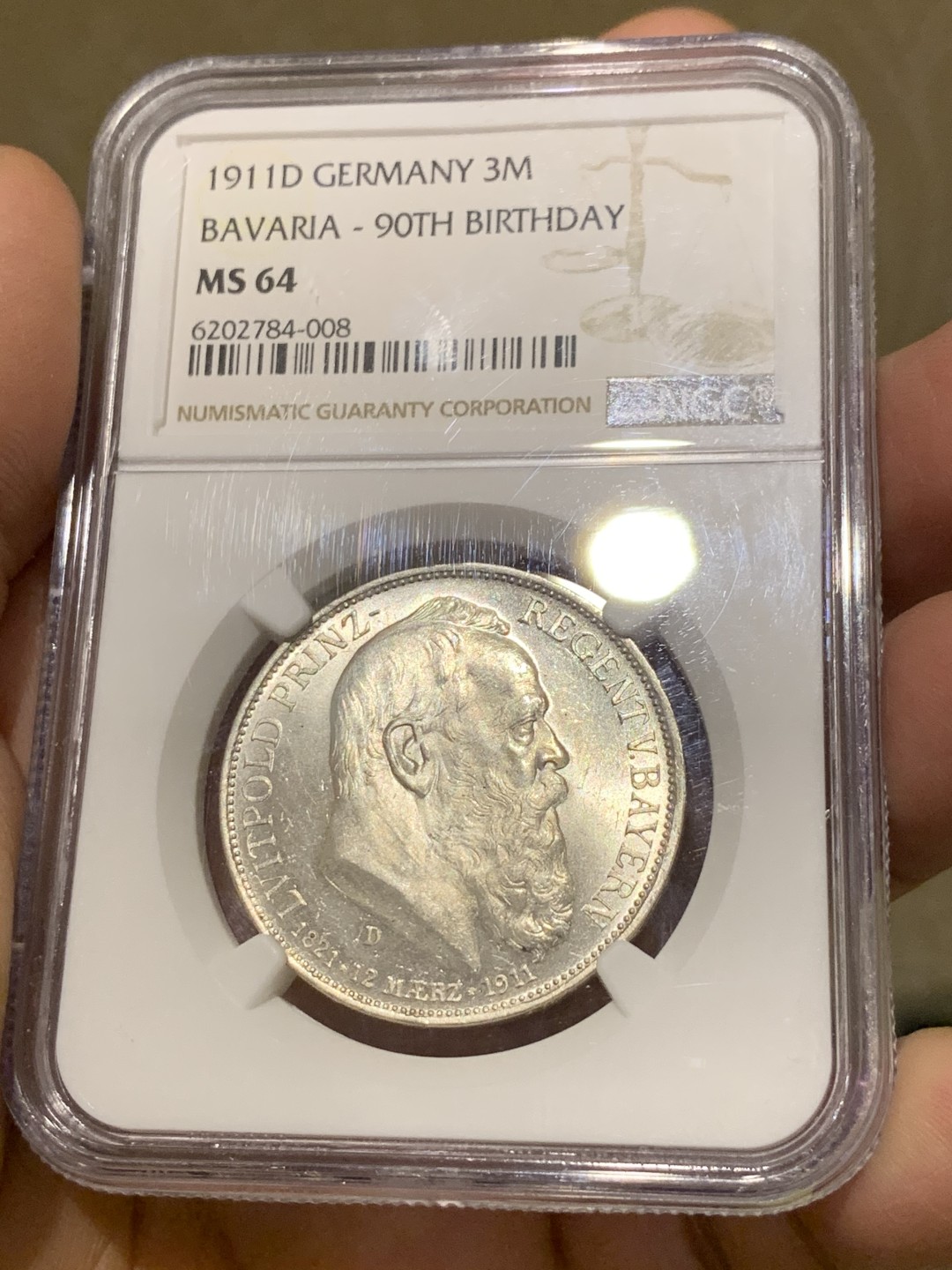 《竞宝斋》第135场-周日，周一连拍 (全场包邮) NGC MS64 德国 巴伐利亚 1911年 三马克 柳奥波德 90 诞辰纪念 银币 光度好 转光