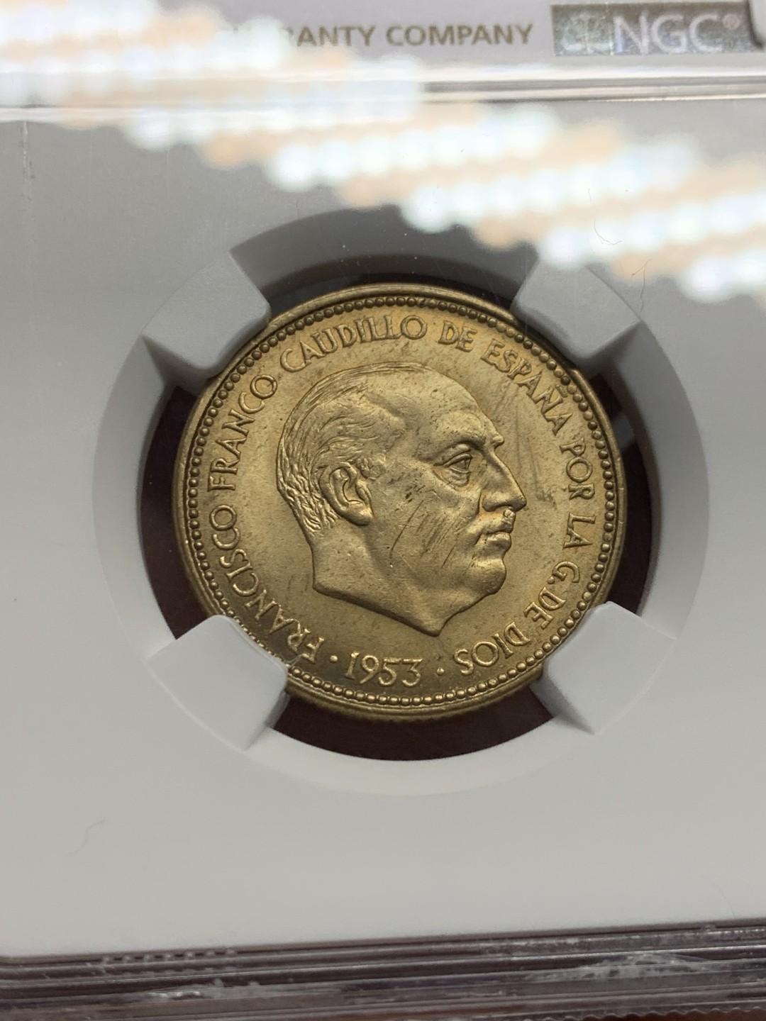 《竞宝斋》第135场-周日，周一连拍 (全场包邮) NGC-UNC 西班牙1953年 佛朗哥2.5比塞塔铜币 这奇葩面值就发行过这一次很少见