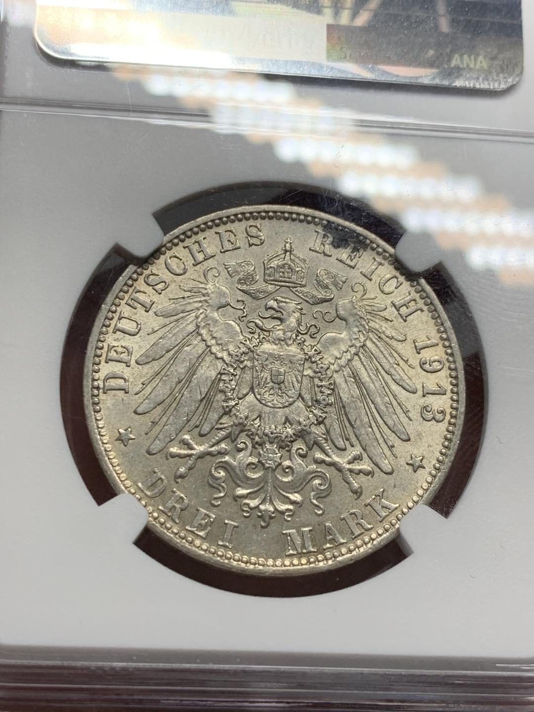 《竞宝斋》第135场-周日，周一连拍 (全场包邮) NGC MS63 德国 巴伐利亚 1913年 三马克 奥托 银币 漂亮 细节好