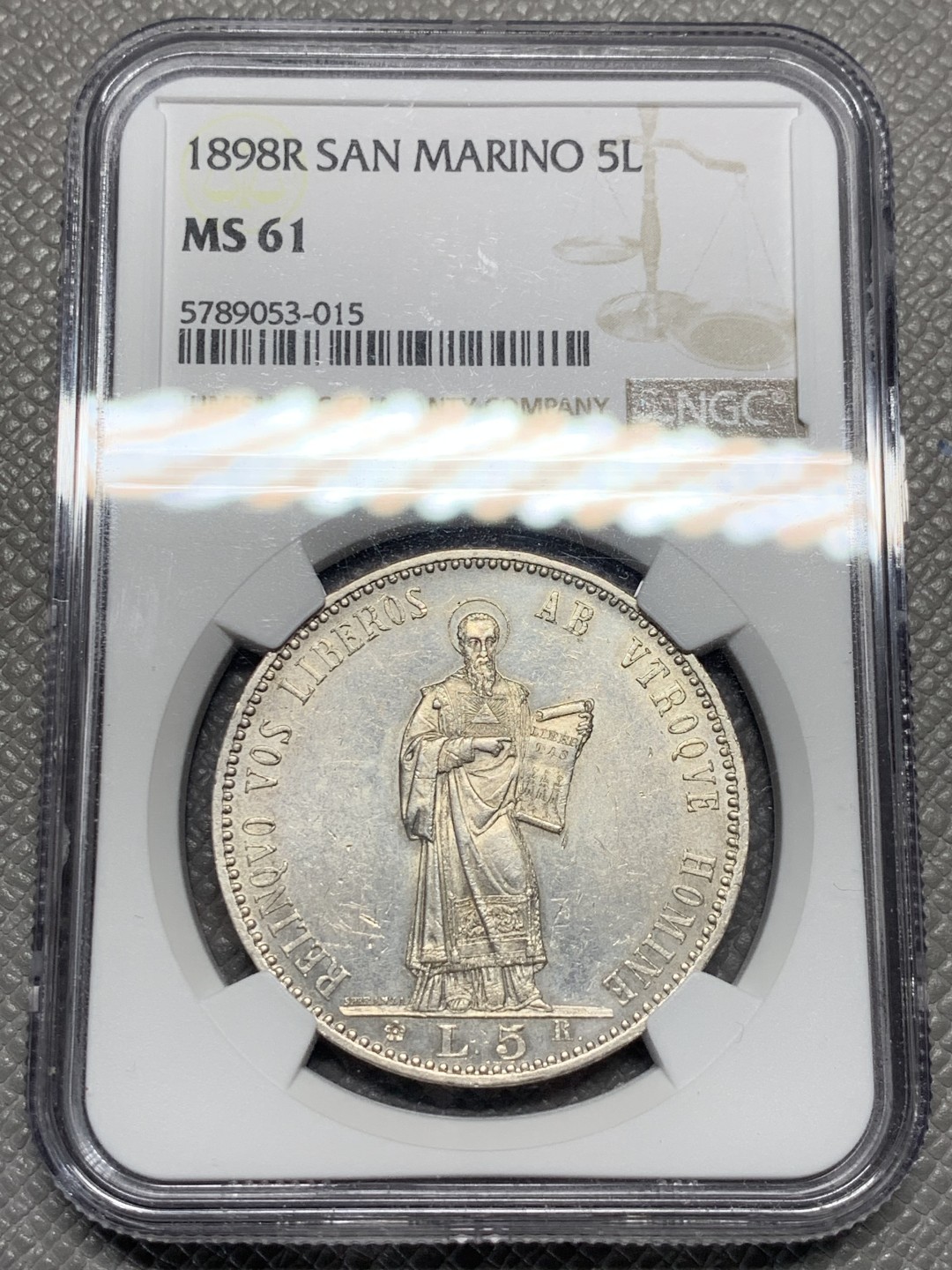 《竞宝斋》第135场-周日，周一连拍 (全场包邮) NGC MS61 圣马力诺 1898年R 5里拉 银币外拍热门品种