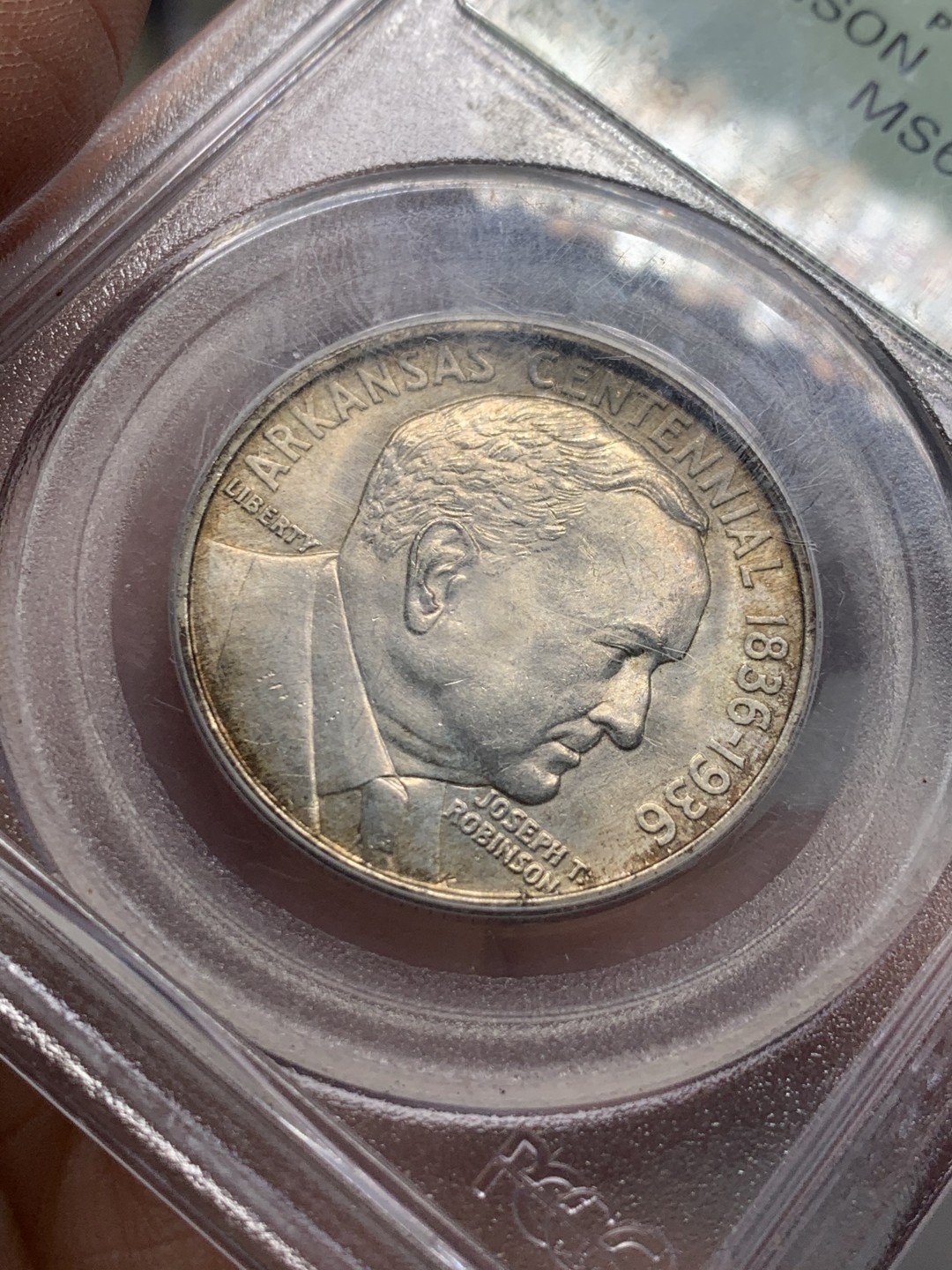 《竞宝斋》第135场-周日，周一连拍 (全场包邮) PCGS MS64 美国 1936年 阿肯色州 约瑟夫·T·罗宾森半圆纪念银币 P盒老绿盒 淡彩 严评 第108场PC64分白币1760元成交（不含佣）