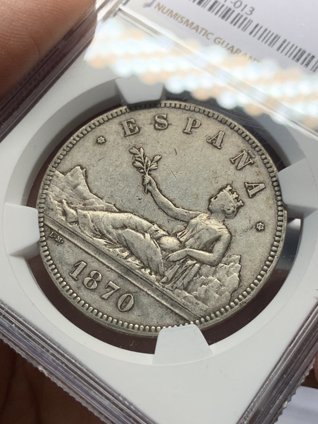 《竞宝斋》第135场-周日，周一连拍 (全场包邮) NGC-XF45 西班牙1870年 坐花5比塞塔双柱大银币 原味好品 出分难