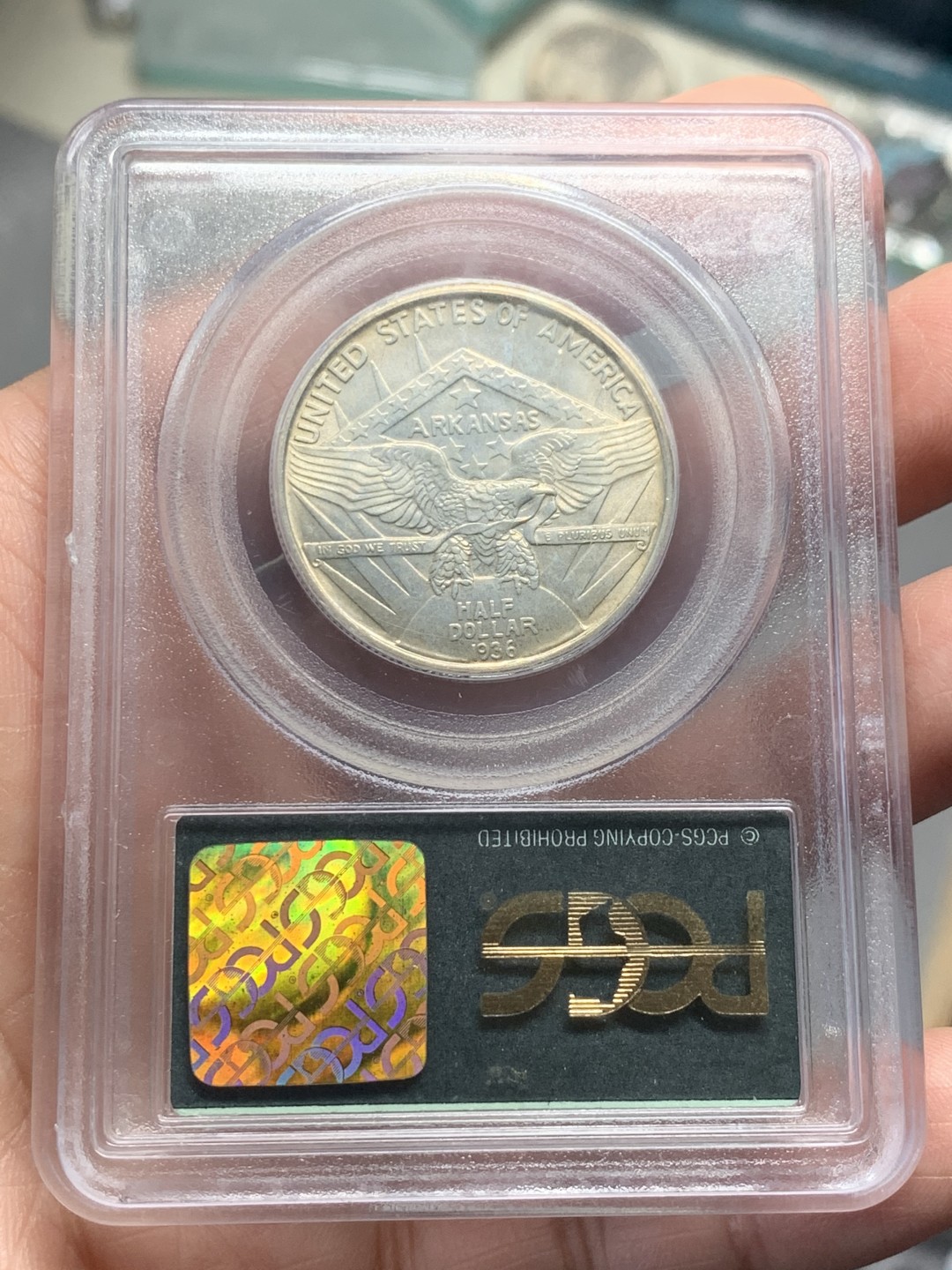 《竞宝斋》第135场-周日，周一连拍 (全场包邮) PCGS MS64 美国 1936年 阿肯色州 约瑟夫·T·罗宾森半圆纪念银币 P盒老绿盒 淡彩 严评 第108场PC64分白币1760元成交（不含佣）