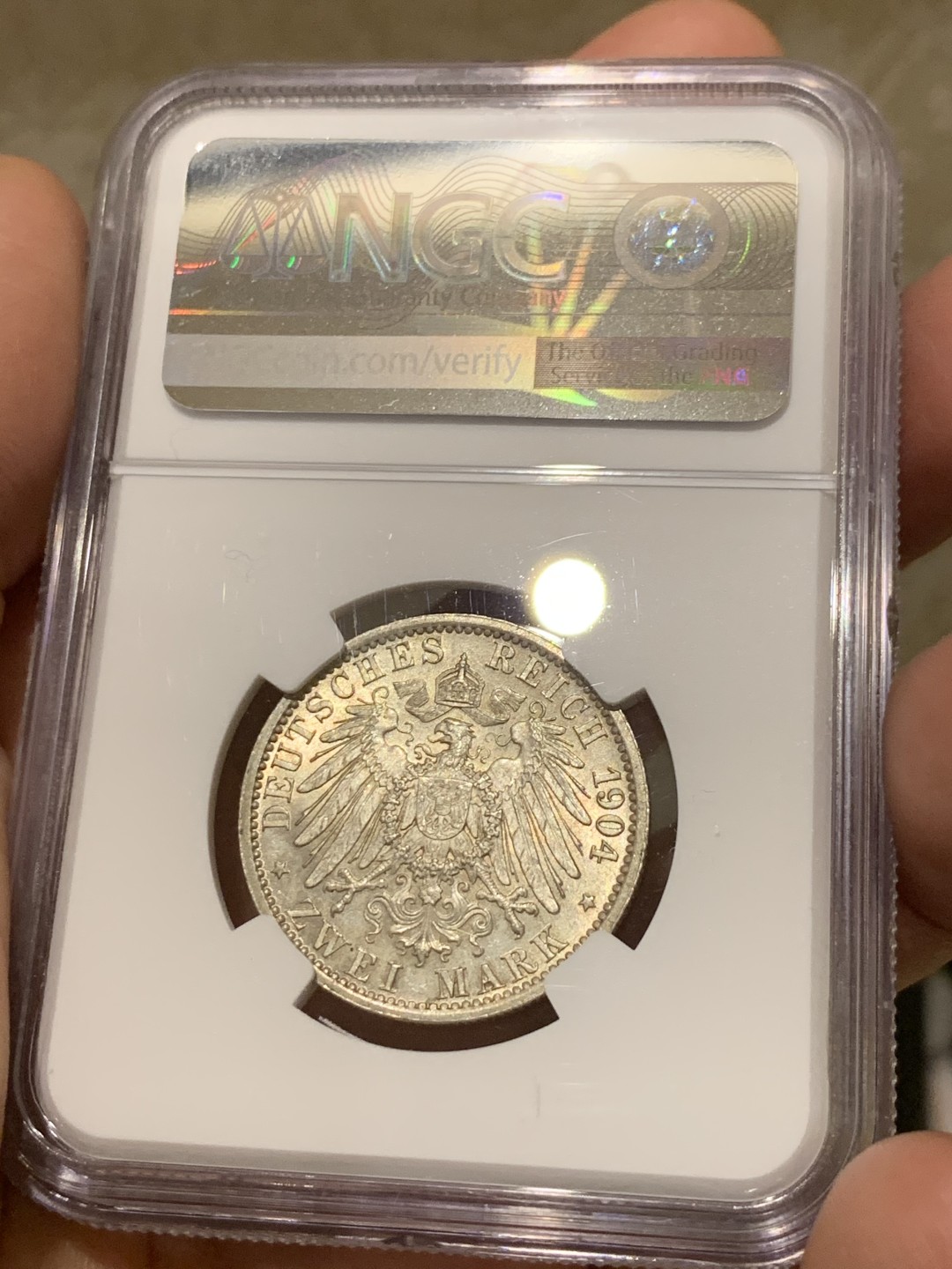 《竞宝斋》第135场-周日，周一连拍 (全场包邮) NGC-MS64 德国黑森1904年2马克银币 高品好细节