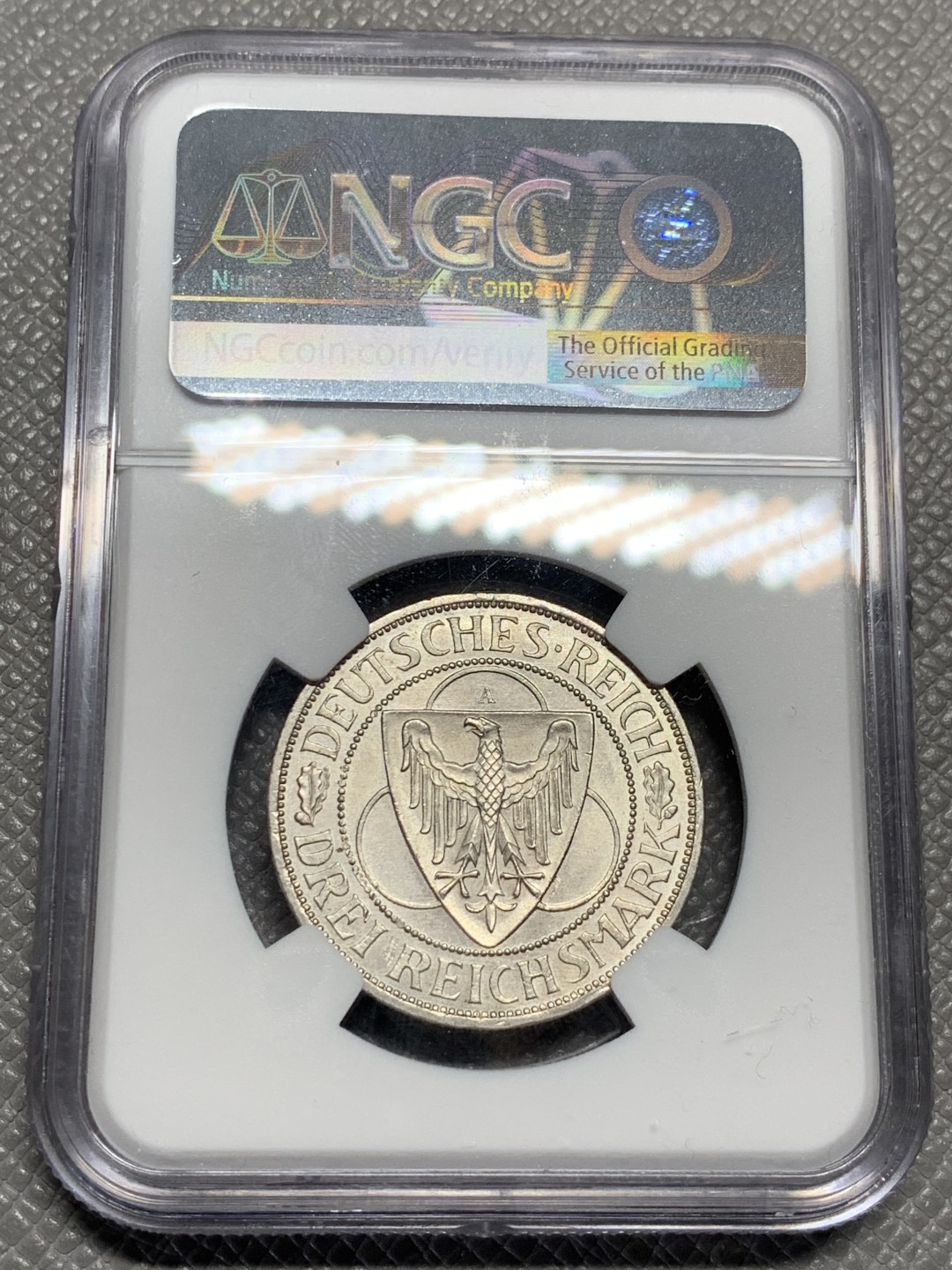 《竞宝斋》第135场-周日，周一连拍 (全场包邮) NGC-MS64 魏玛德国1930年莱茵解放 鹰桥3马克纪念银币