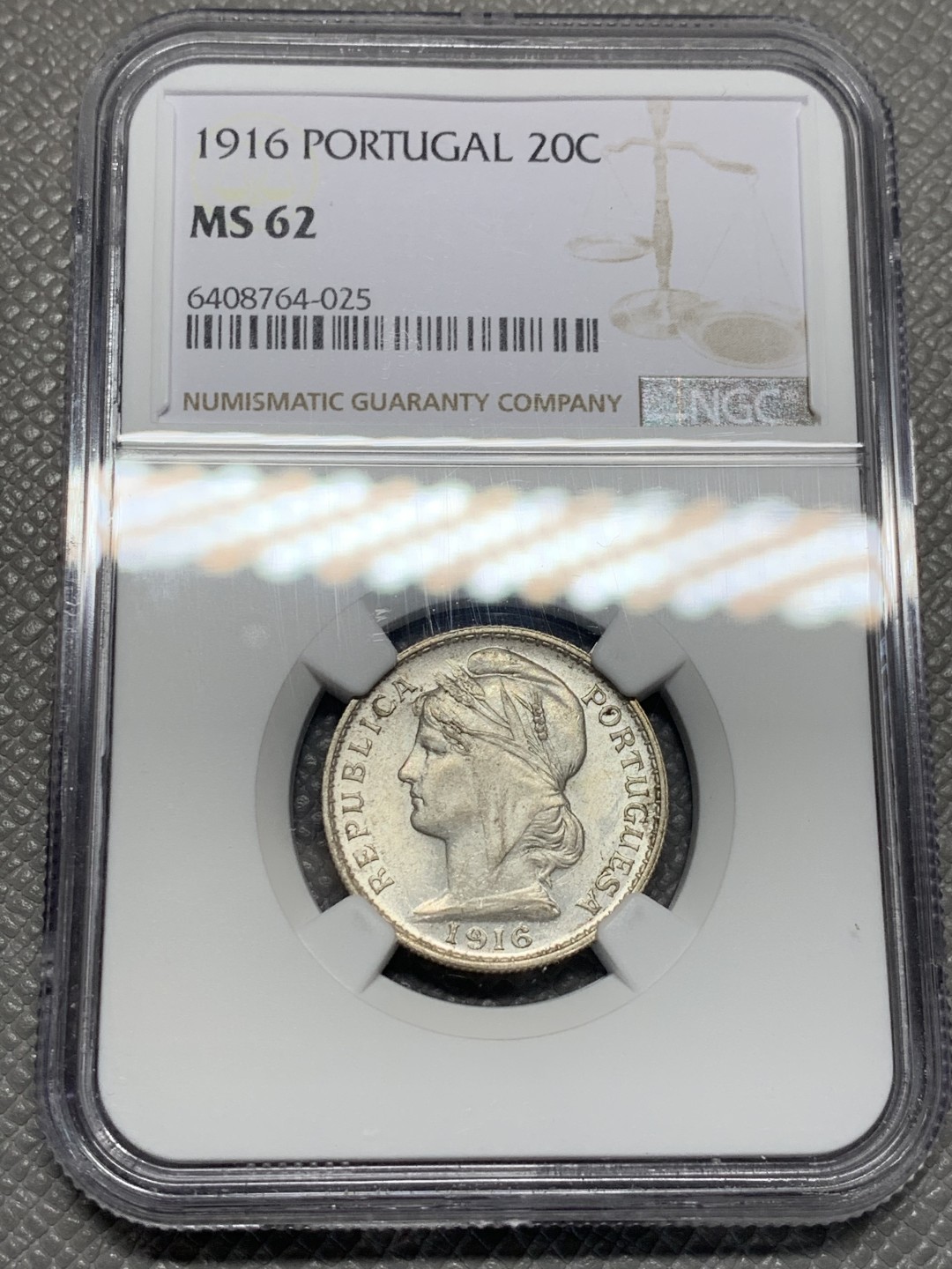 《竞宝斋》第135场-周日，周一连拍 (全场包邮) NGC-MS62 葡萄牙1916年 自由女神20分银币 顶级原光 系列里最稀少的面值