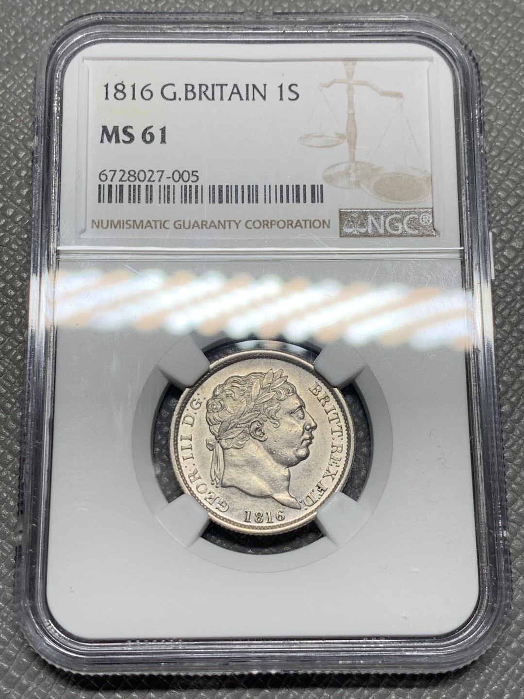 《竞宝斋》第135场-周日，周一连拍 (全场包邮) NGC MS61 英国 1816年 乔三牛头 1先令 银币 上涨品种