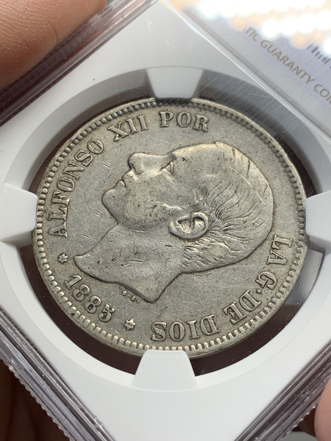 《竞宝斋》第135场-周日，周一连拍 (全场包邮) NGC-XF45 西班牙 1885(85)年 阿方索十二世5比塞塔银币 星星85比星星87版本稀少