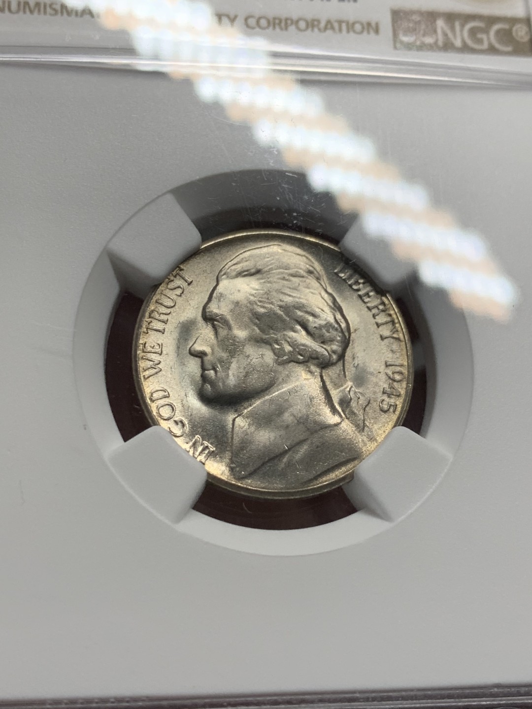 《竞宝斋》第135场-周日，周一连拍 (全场包邮) NGC-MS64 美国 1945年 杰弗逊战时5美分（含银版，仅1942-1945战时版含银）