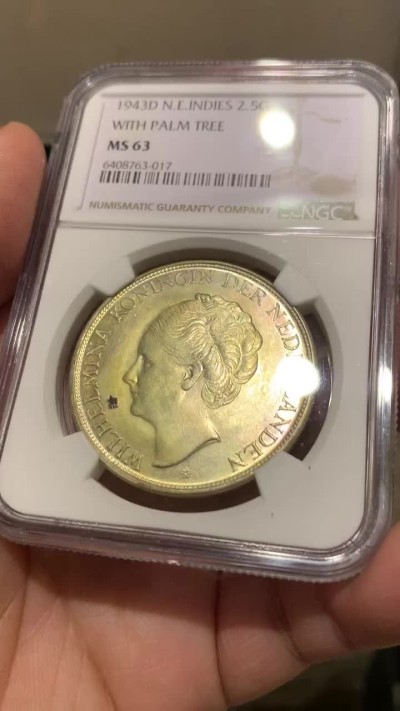 《竞宝斋》第135场-周日，周一连拍 (全场包邮) NGC-MS63 荷属东印度1943年 威廉米娜女王2.5盾大银币 殖民地的币都涨的凶