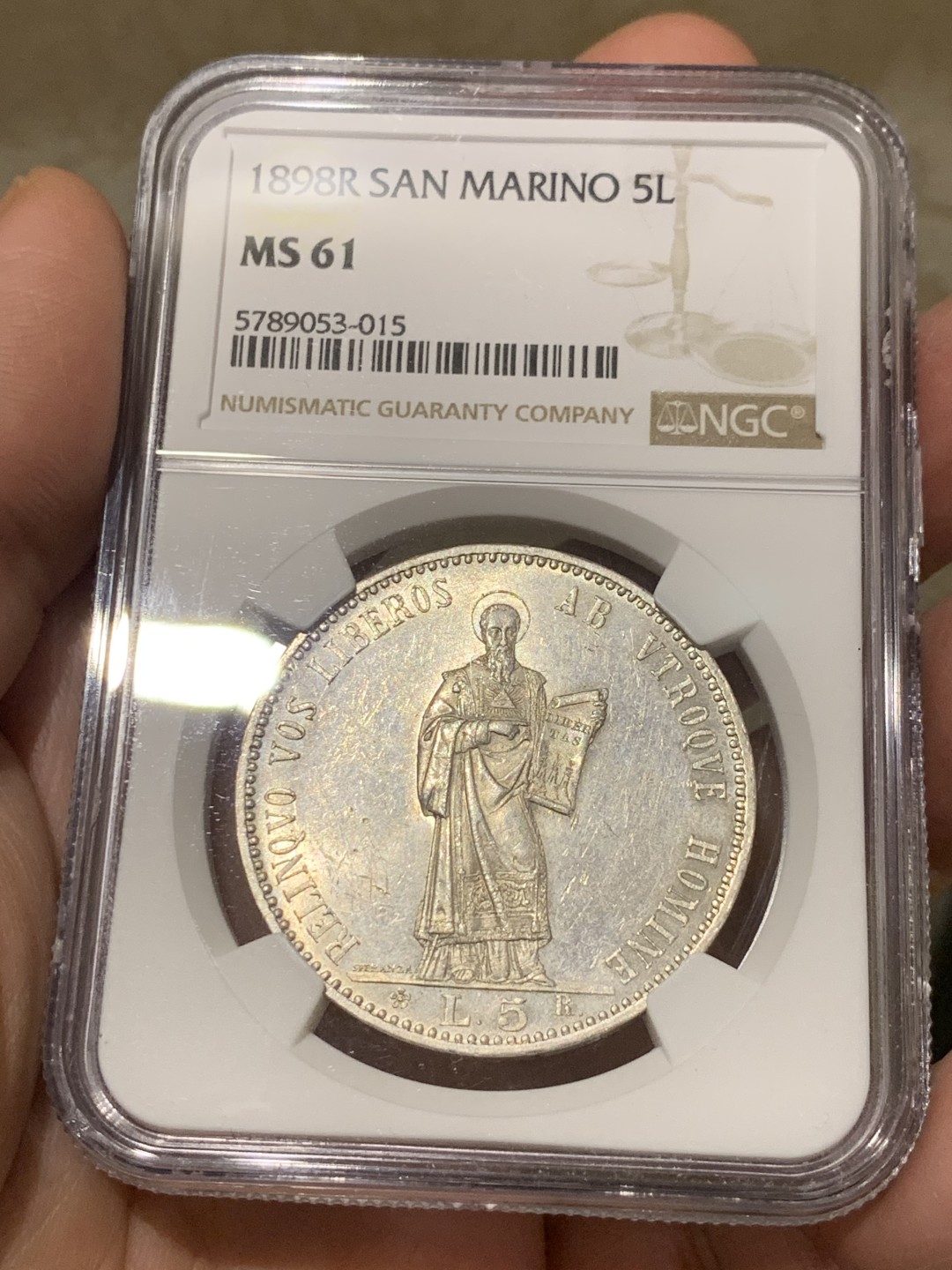 《竞宝斋》第135场-周日，周一连拍 (全场包邮) NGC MS61 圣马力诺 1898年R 5里拉 银币外拍热门品种