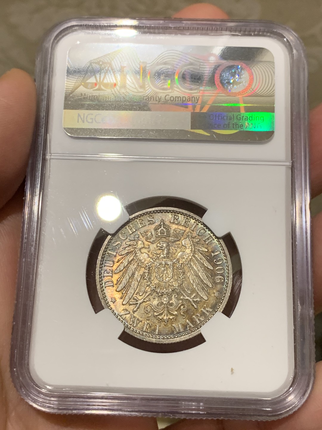 《竞宝斋》第135场-周日，周一连拍 (全场包邮) NGC-MS64 德国巴登1906年金婚纪念2马克银币 五彩包浆 赏心悦目