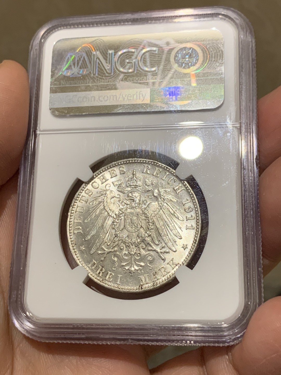 《竞宝斋》第135场-周日，周一连拍 (全场包邮) NGC MS64 德国 巴伐利亚 1911年 三马克 柳奥波德 90 诞辰纪念 银币 光度好 转光