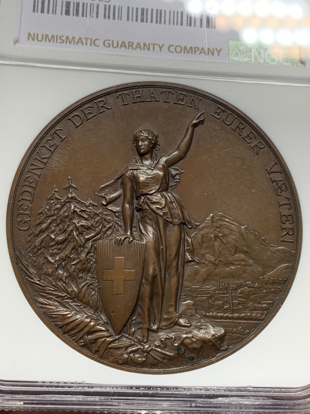 《竞宝斋》第135场-周日，周一连拍 (全场包邮) NGC MS63 瑞士 1892年 格拉鲁斯射击节 铜章 高点具在 巧克力包浆 品质可见