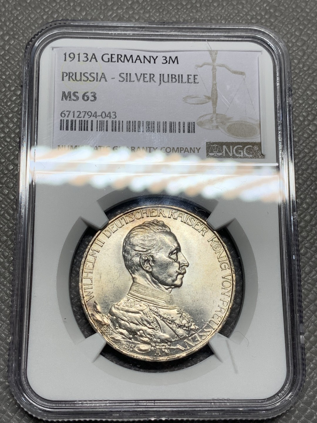 《竞宝斋》第135场-周日，周一连拍 (全场包邮) NGC-MS63 德国普鲁士1913年威廉二世在位25周年纪念3马克银币