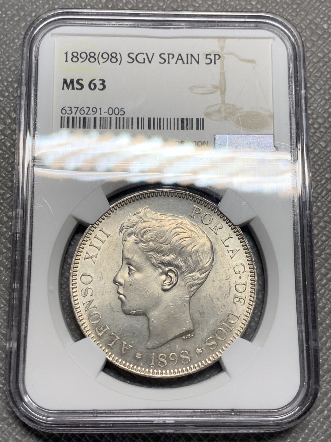 《竞宝斋》第135场-周日，周一连拍 (全场包邮) NGC MS63 西班牙 1898年 阿方索十三世 5 比塞塔 银币 十字车轮光 极美