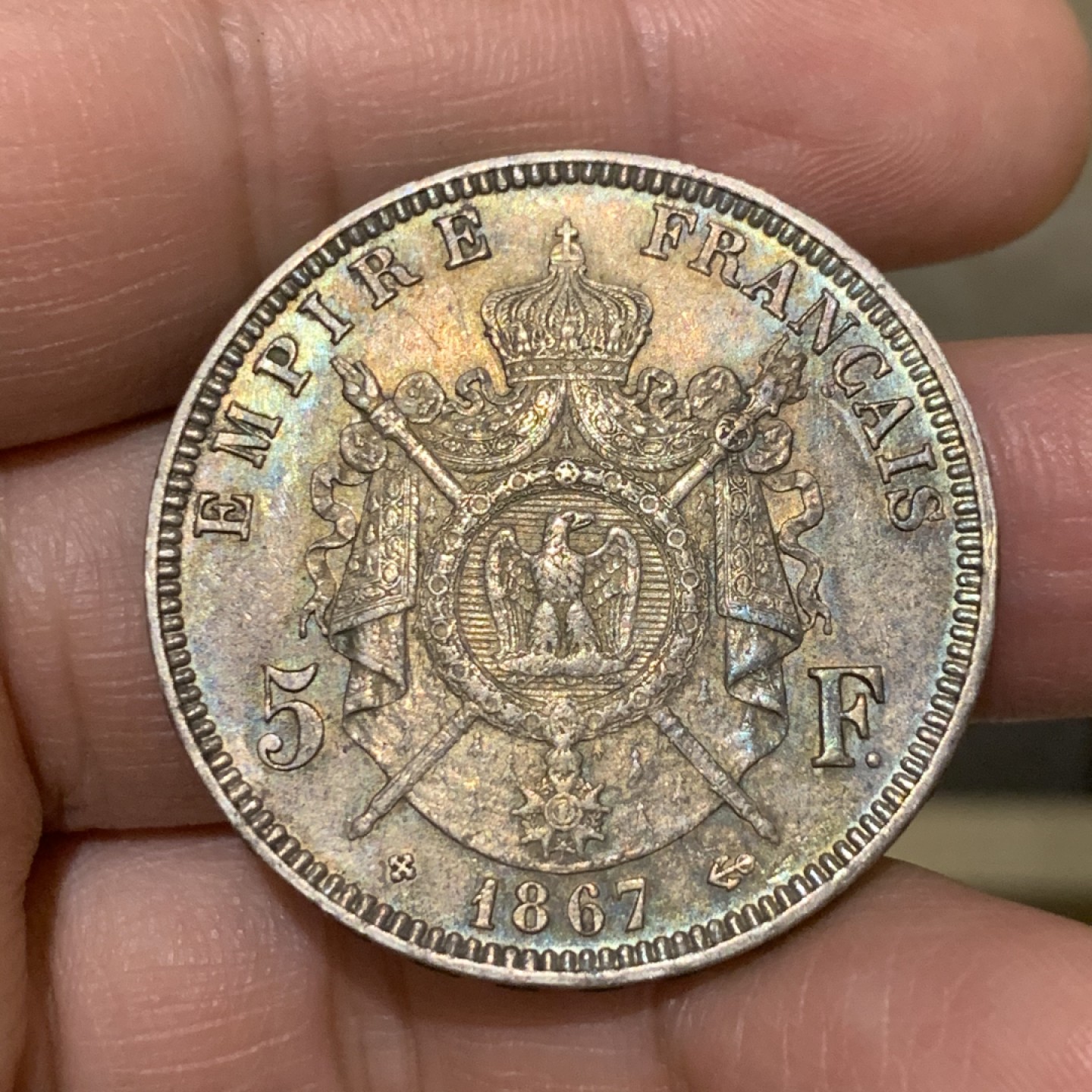 《竞宝斋》第135场-周日，周一连拍 (全场包邮) 法国 1867年 拿三 5法郎 大银币 正面好细节 背面深彩包浆 难得状态