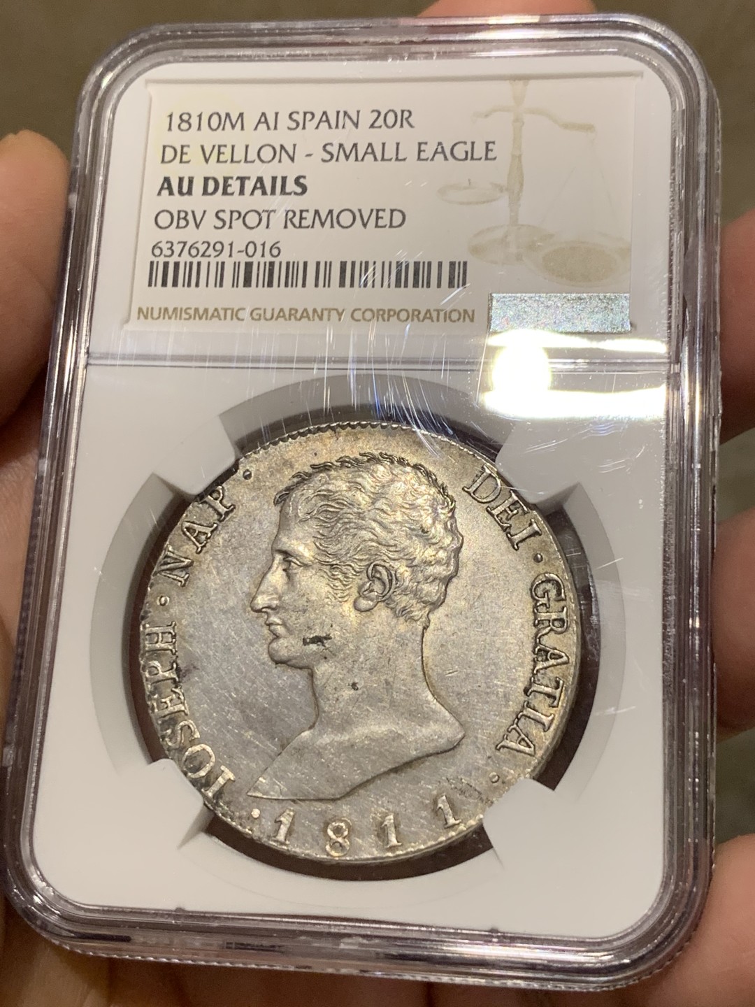 《竞宝斋》第135场-周日，周一连拍 (全场包邮) NGC AU 1810年 法占西班牙 约瑟夫拿破仑20R银币，细节极佳 发丝清晰