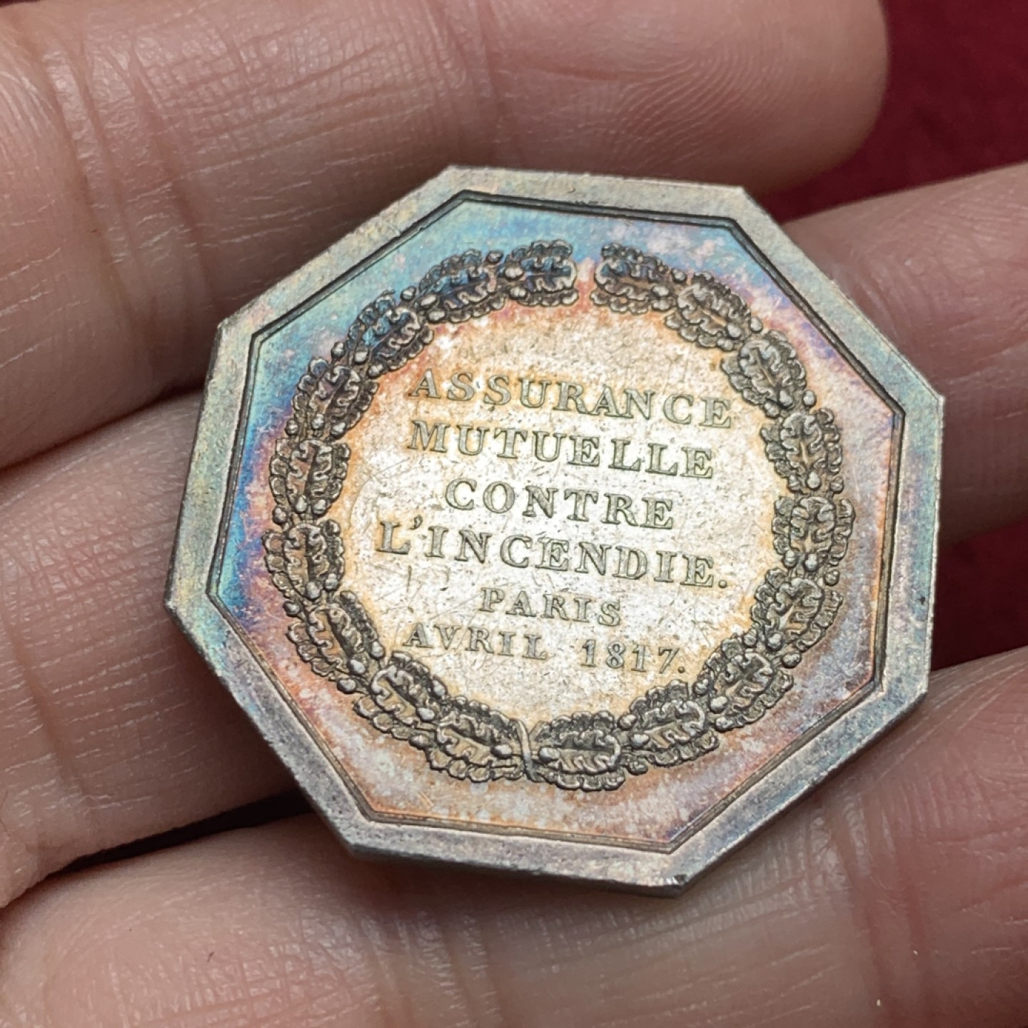 《竞宝斋》第135场-周日，周一连拍 (全场包邮) 法国1818年 火龙 五彩银制八角 JETON 代币 原味五彩实为难得 14.89克 33.7mm