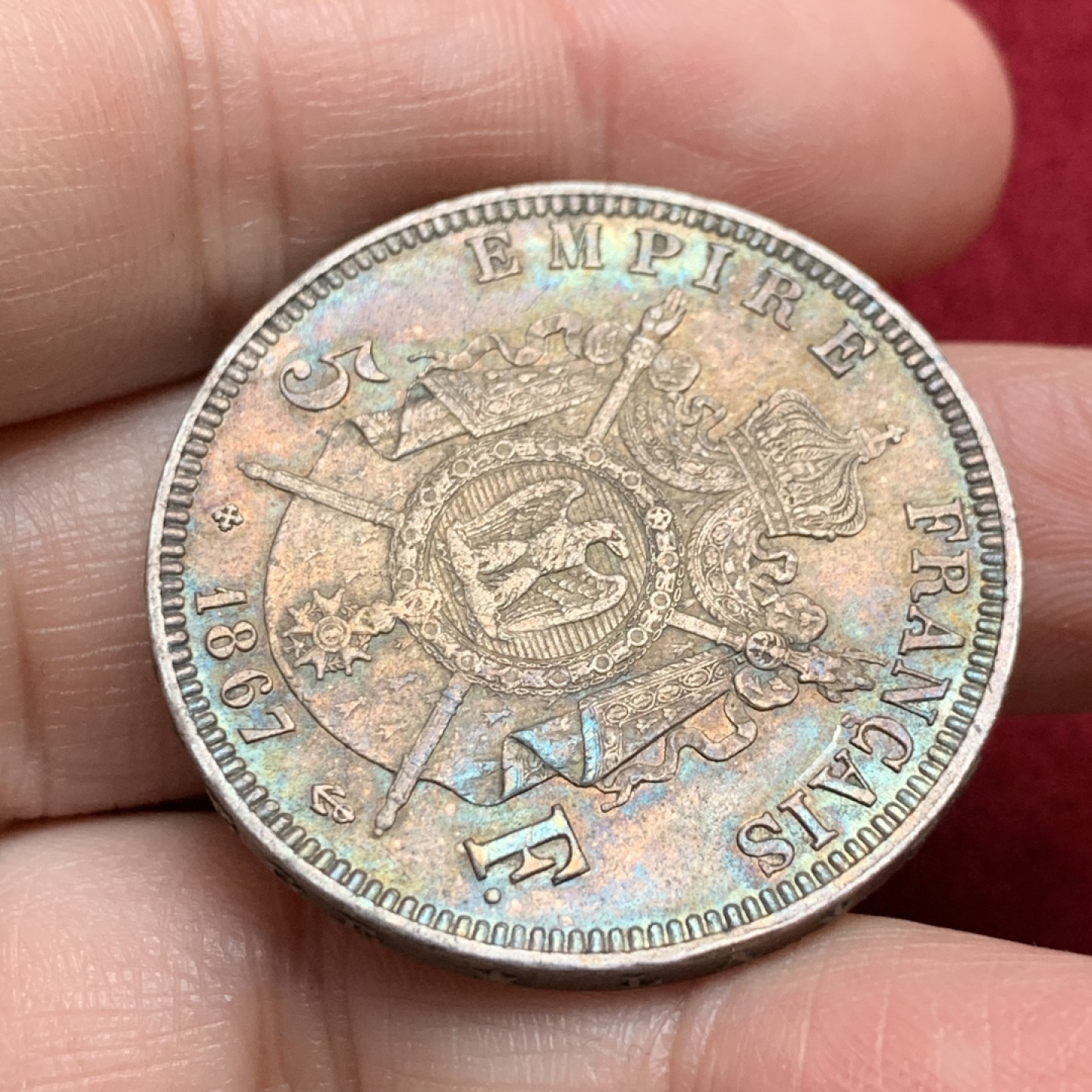 《竞宝斋》第135场-周日，周一连拍 (全场包邮) 法国 1867年 拿三 5法郎 大银币 正面好细节 背面深彩包浆 难得状态