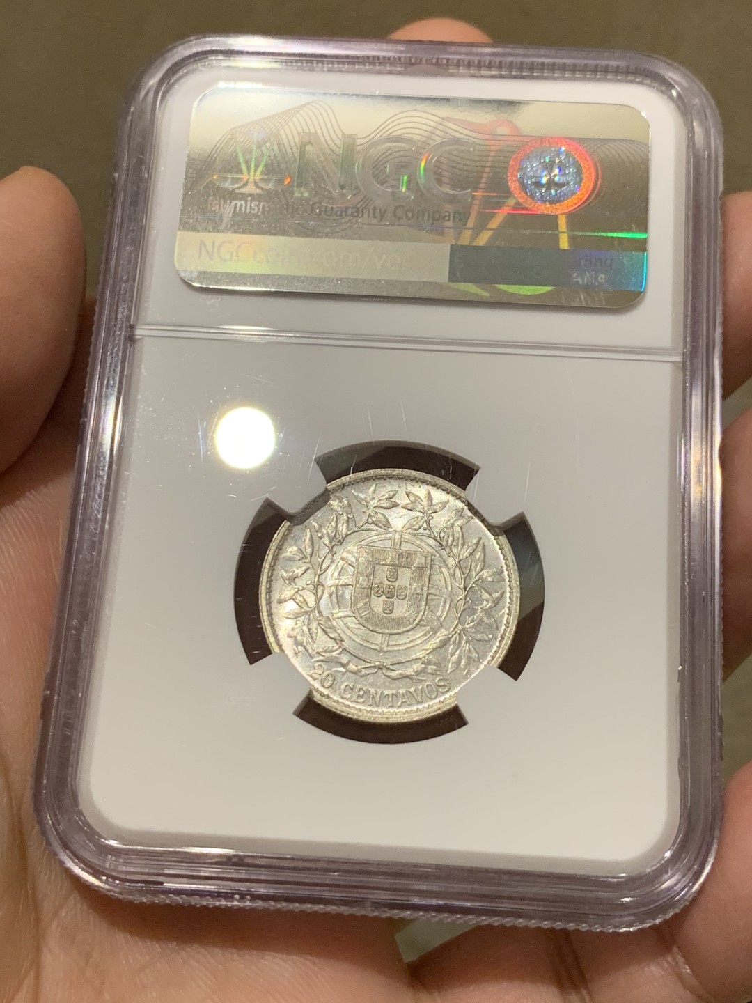 《竞宝斋》第135场-周日，周一连拍 (全场包邮) NGC-MS62 葡萄牙1916年 自由女神20分银币 顶级原光 系列里最稀少的面值