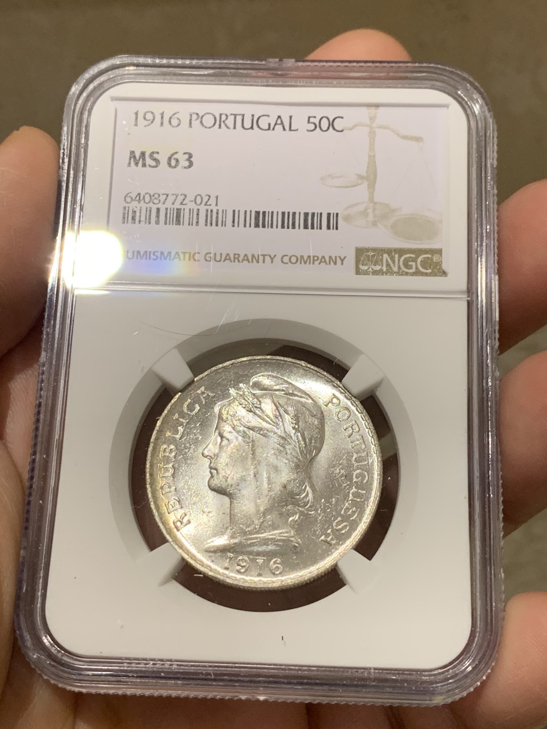 《竞宝斋》第135场-周日，周一连拍 (全场包邮) NGC-MS63 葡萄牙1916年 50分自由女神半圆银币