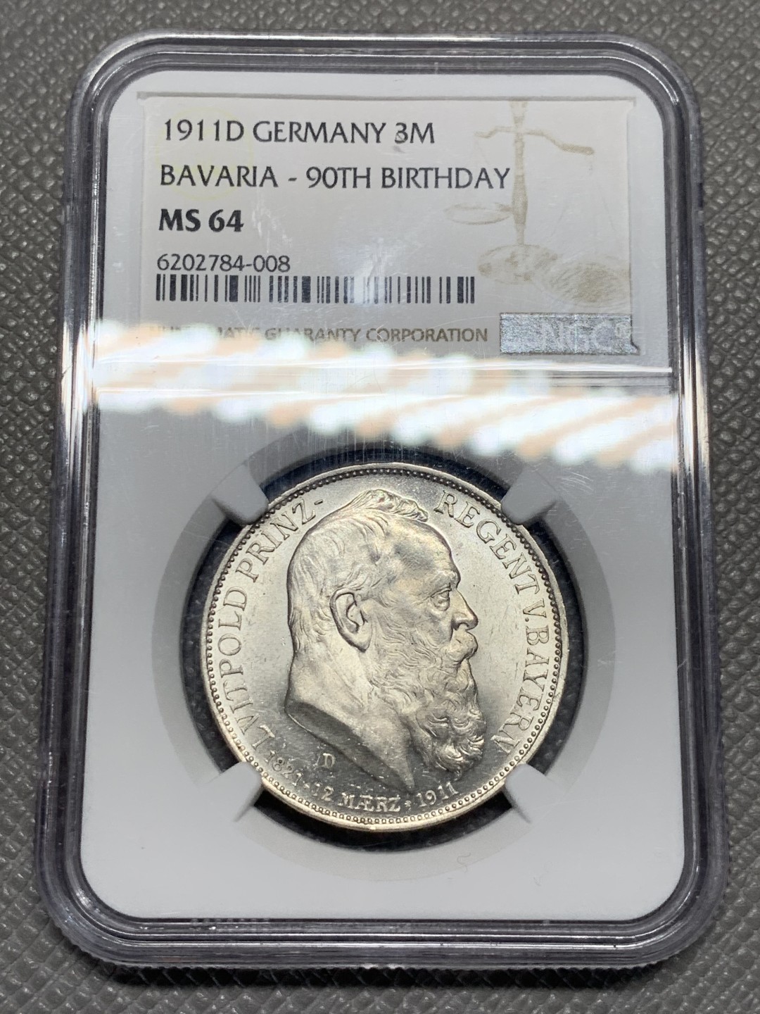 《竞宝斋》第135场-周日，周一连拍 (全场包邮) NGC MS64 德国 巴伐利亚 1911年 三马克 柳奥波德 90 诞辰纪念 银币 光度好 转光