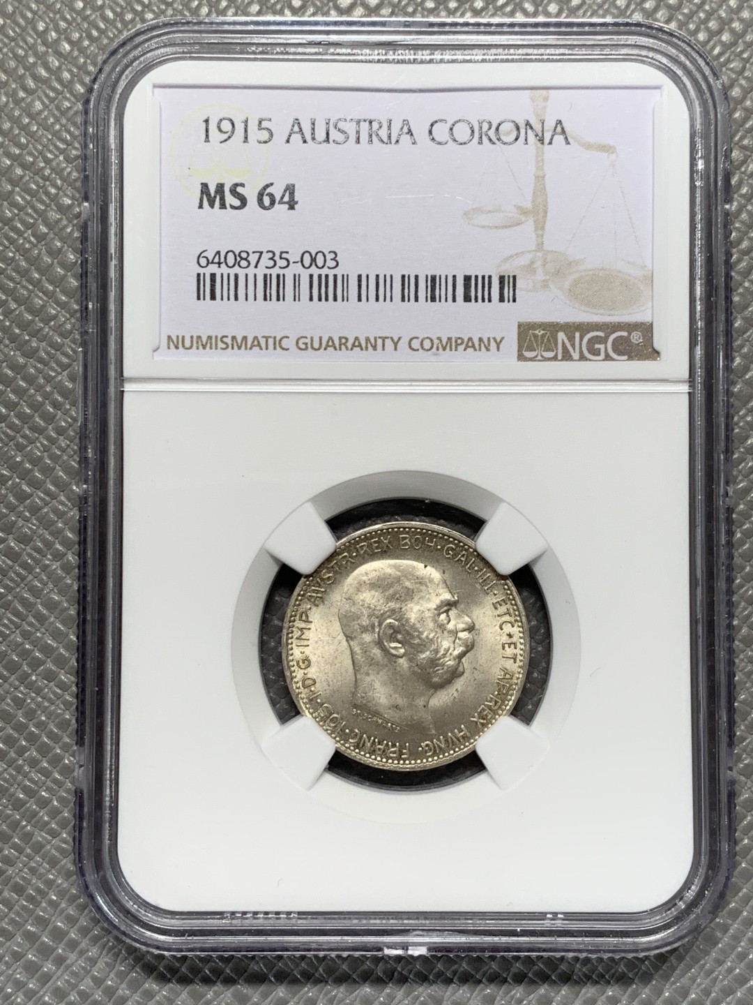 《竞宝斋》第135场-周日，周一连拍 (全场包邮) NGC-MS64 奥地利1915年 佛兰茨一世1克朗银币 顶级粉光非常丝滑