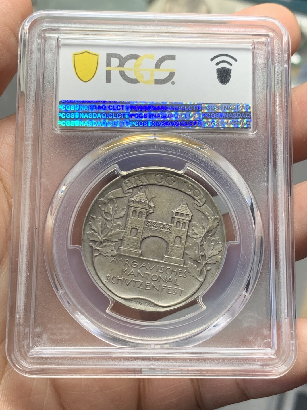 《竞宝斋》第135场-周日，周一连拍 (全场包邮) PCGS-SP64 瑞士 1902年 布鲁格射击节银章 精彩 精细 精致