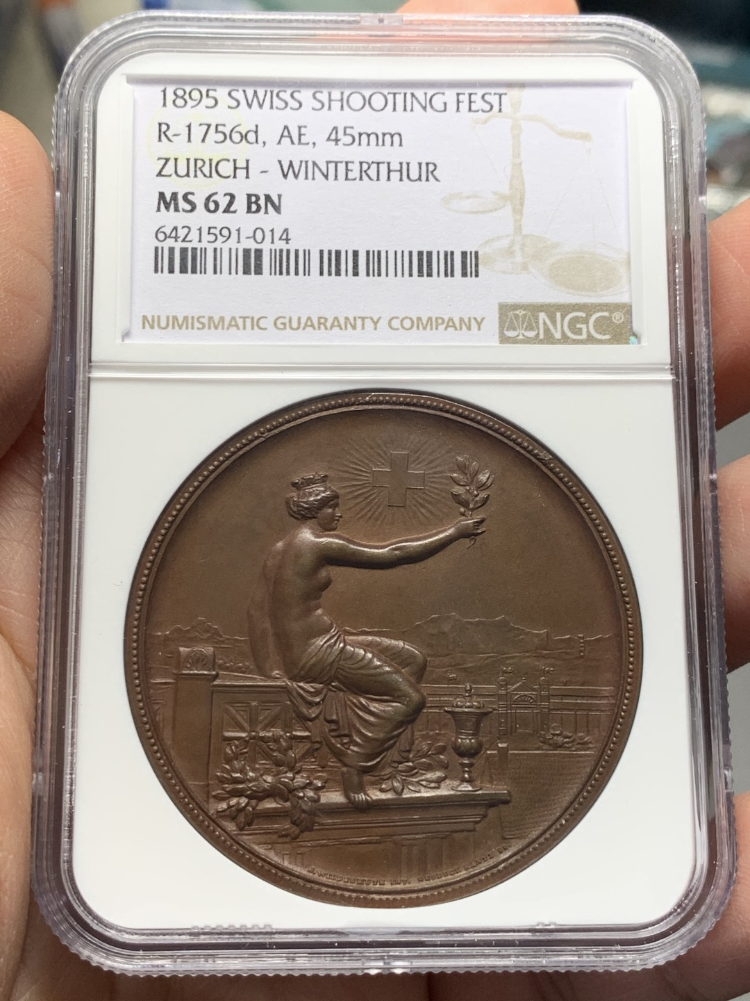 《竞宝斋》第135场-周日，周一连拍 (全场包邮) NGC MS62 1895年瑞士温特图尔射击节铜章 质感温润