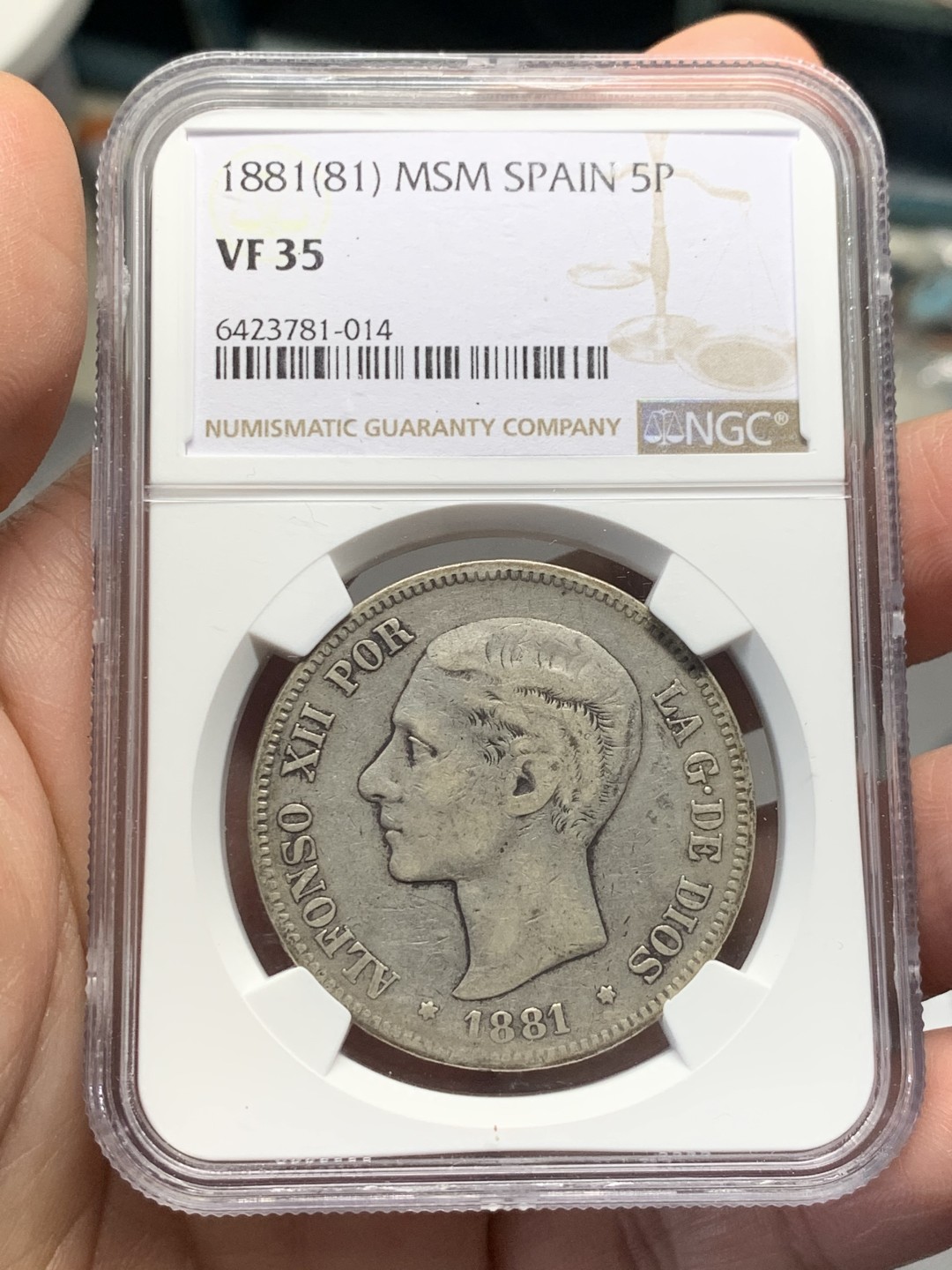 《竞宝斋》第135场-周日，周一连拍 (全场包邮) NGC-VF35 西班牙 1881(81)年 阿方索十二世5比塞塔银币 原味包浆