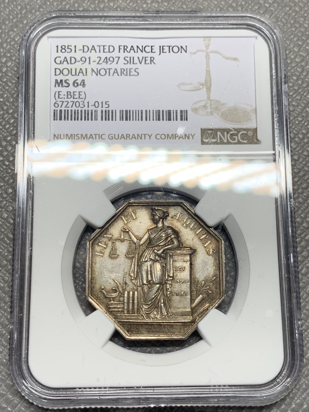 《竞宝斋》第135场-周日，周一连拍 (全场包邮) NGC MS64 法国 1851年 杜艾公证处 银质八角代币