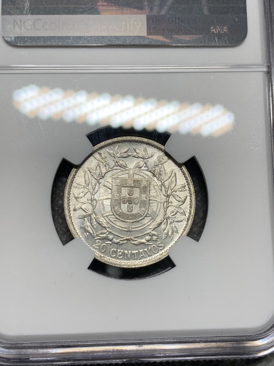 《竞宝斋》第135场-周日，周一连拍 (全场包邮) NGC-MS62 葡萄牙1916年 自由女神20分银币 顶级原光 系列里最稀少的面值