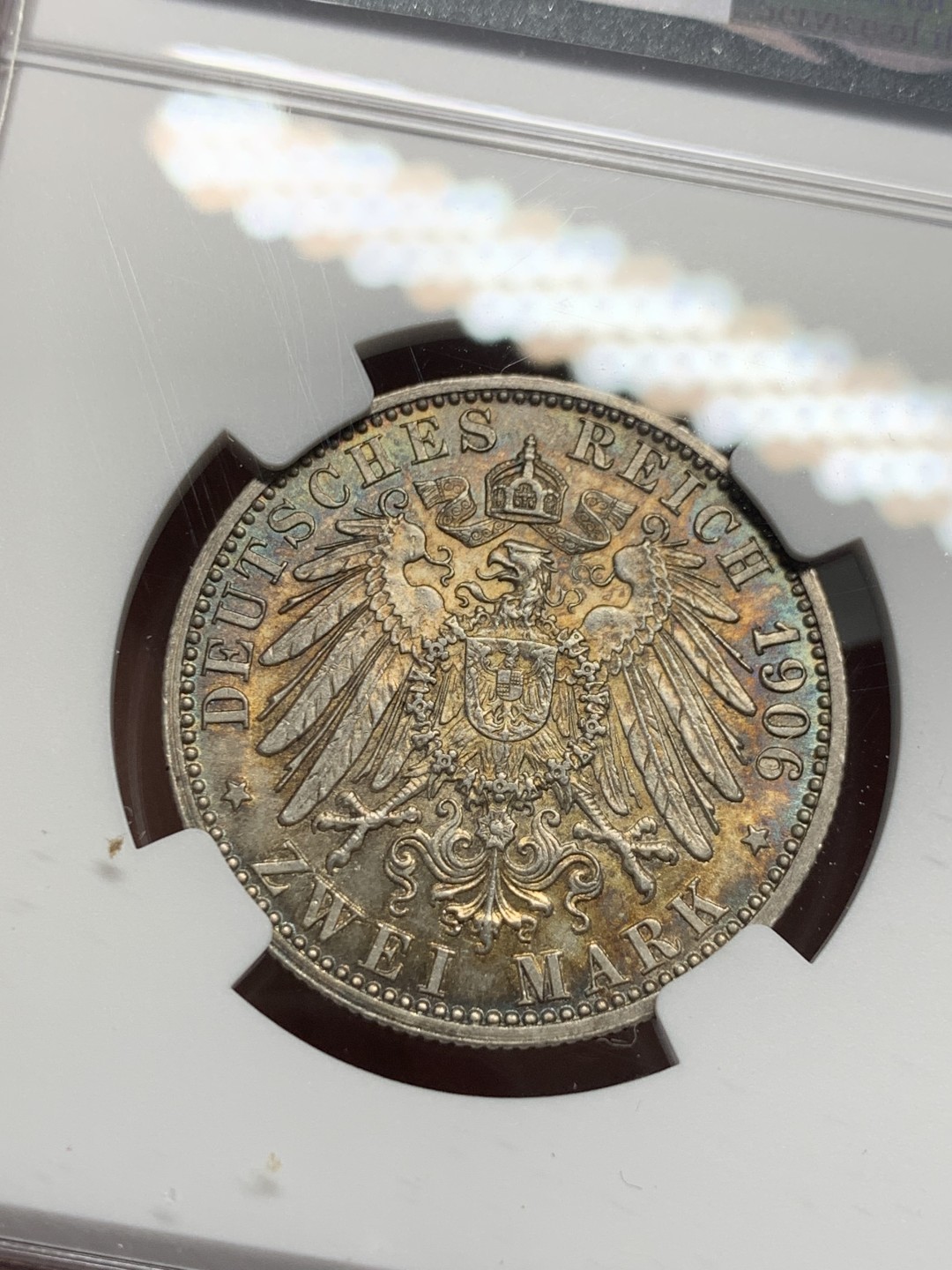 《竞宝斋》第135场-周日，周一连拍 (全场包邮) NGC-MS64 德国巴登1906年金婚纪念2马克银币 五彩包浆 赏心悦目