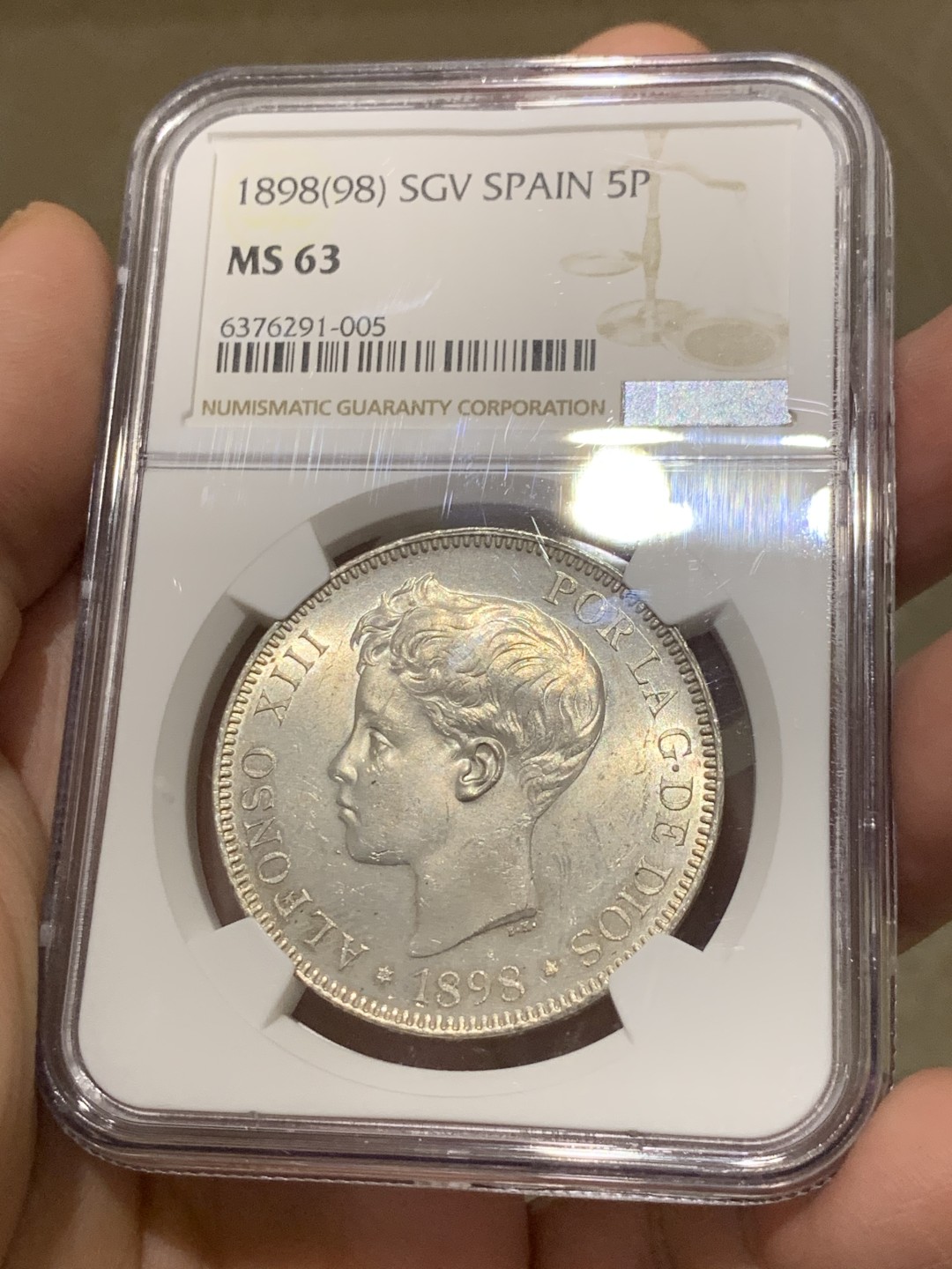 《竞宝斋》第135场-周日，周一连拍 (全场包邮) NGC MS63 西班牙 1898年 阿方索十三世 5 比塞塔 银币 十字车轮光 极美