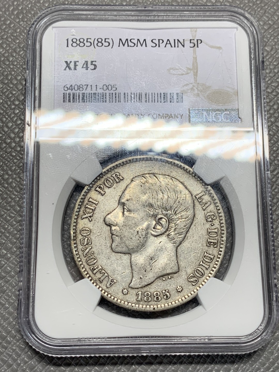 《竞宝斋》第135场-周日，周一连拍 (全场包邮) NGC-XF45 西班牙 1885(85)年 阿方索十二世5比塞塔银币 星星85比星星87版本稀少