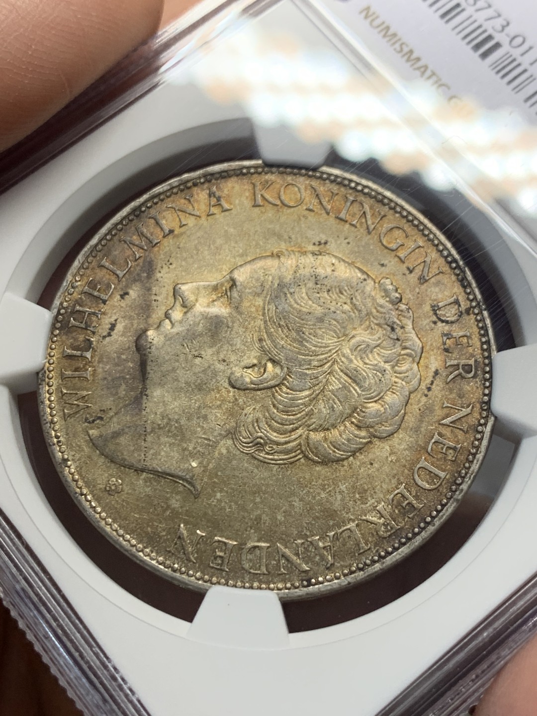 《竞宝斋》第135场-周日，周一连拍 (全场包邮) NGC-MS62 荷兰1931年 威廉米娜女王2.5盾银币 早期年份带彩包浆 非常漂亮