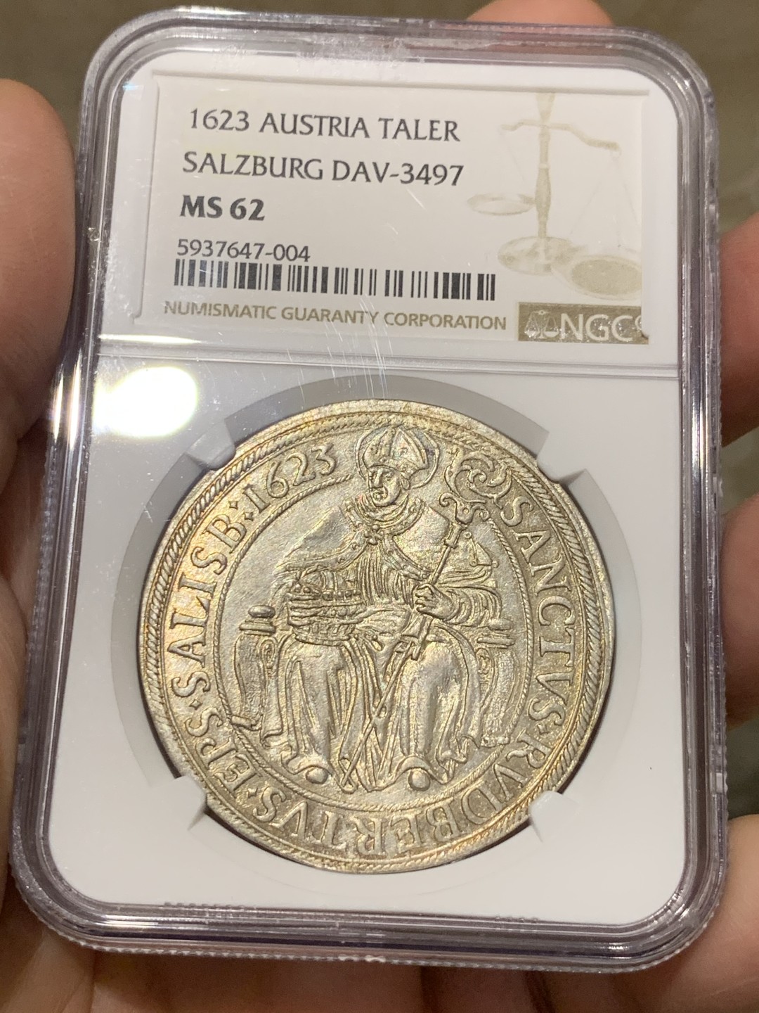《竞宝斋》第135场-周日，周一连拍 (全场包邮) NGC MS62 神罗萨尔茨堡 1623年 泰勒银币 淡金彩 收藏级品相