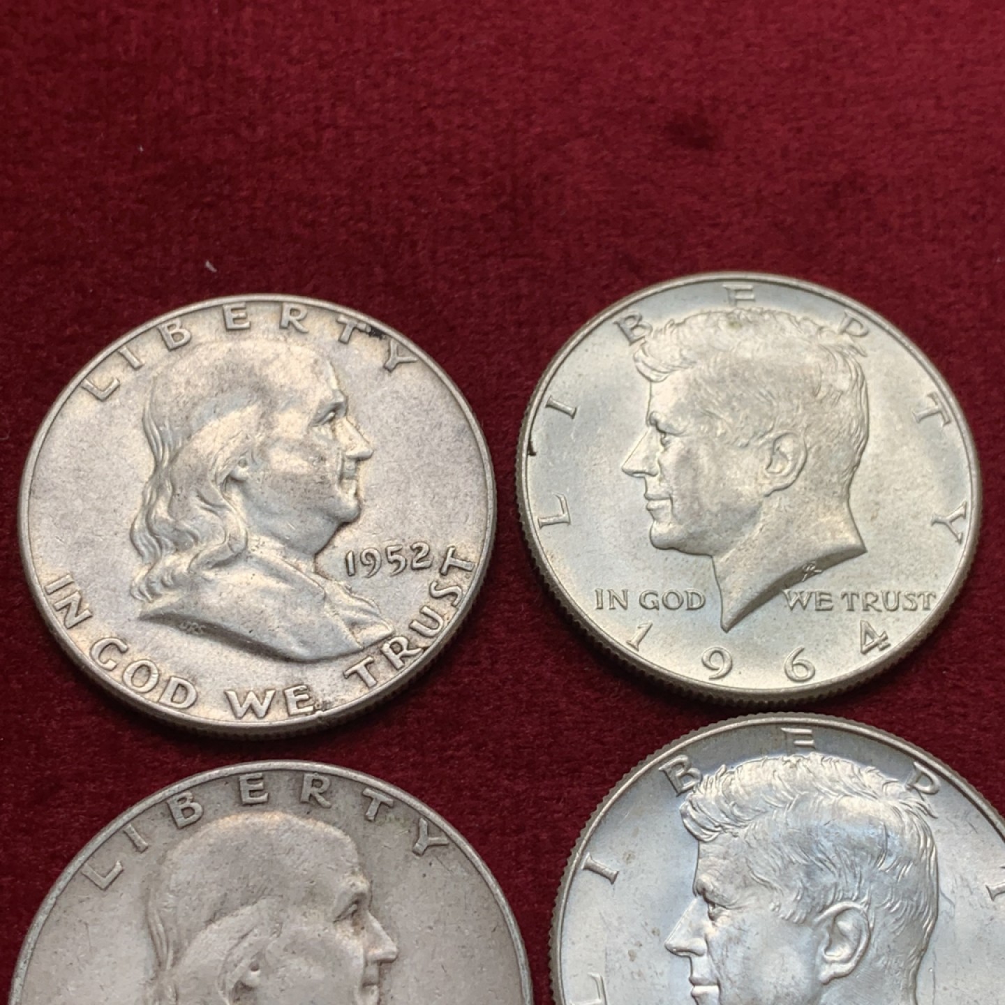 《竞宝斋》第135场-周日，周一连拍 (全场包邮) 美国900银 银币4枚 2枚富兰克林半美元，2枚肯尼迪半美元 单枚12.5克 都是高银版 合计50克900银