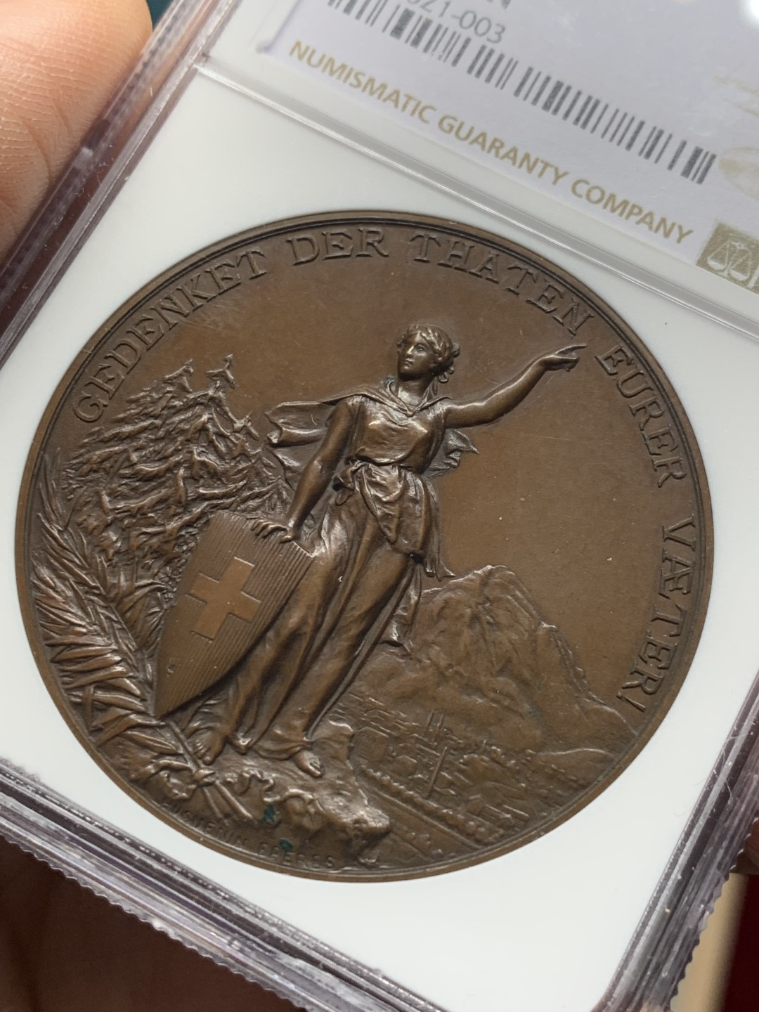 《竞宝斋》第135场-周日，周一连拍 (全场包邮) NGC MS63 瑞士 1892年 格拉鲁斯射击节 铜章 高点具在 巧克力包浆 品质可见