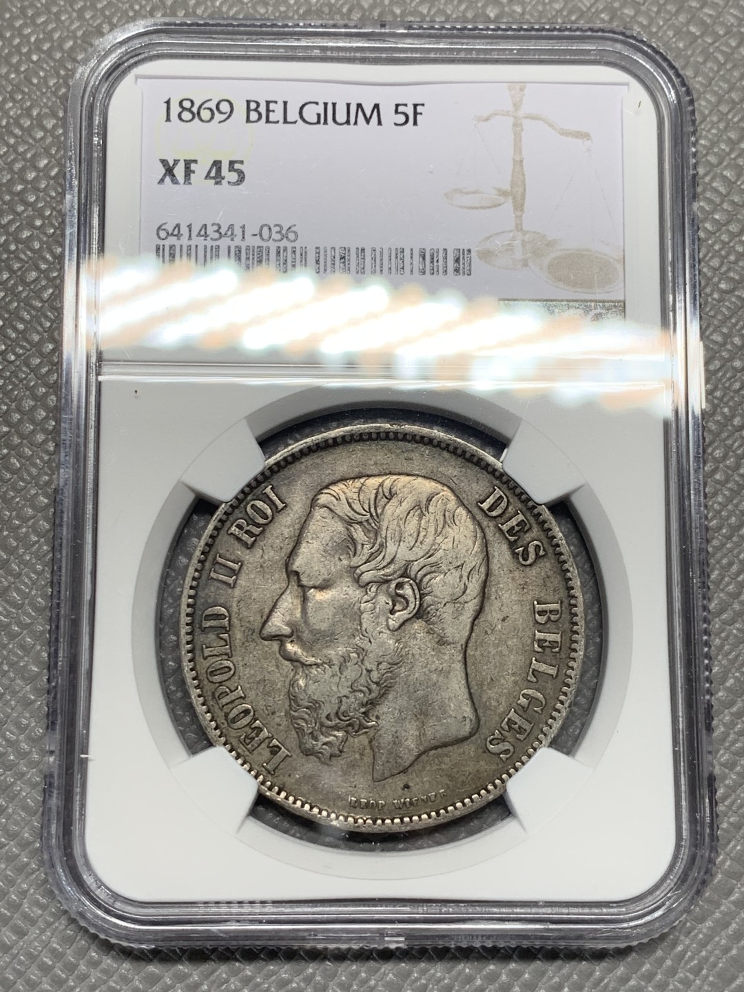 《竞宝斋》第135场-周日，周一连拍 (全场包邮) NGC XF45 比利时 利奥波德二世 5法郎 大银币 自然状态