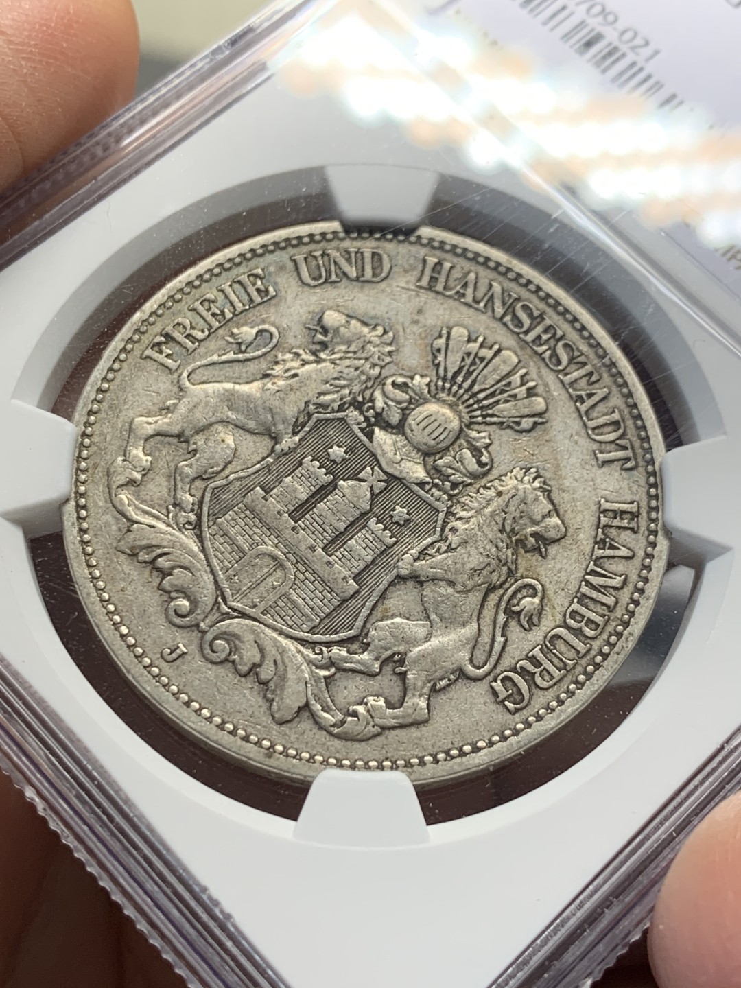 《竞宝斋》第135场-周日，周一连拍 (全场包邮) NGC-XF45 德国 1893年 汉堡双狮5马克银币 早期年份留存稀少，出分不易，45已是季军分