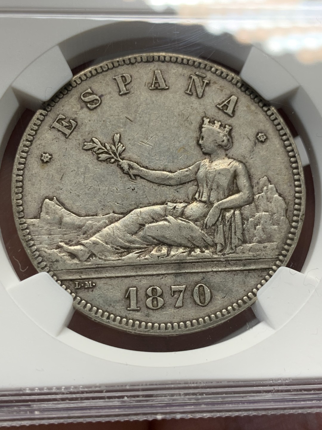 《竞宝斋》第135场-周日，周一连拍 (全场包邮) NGC-XF45 西班牙1870年 坐花5比塞塔双柱大银币 原味好品 出分难