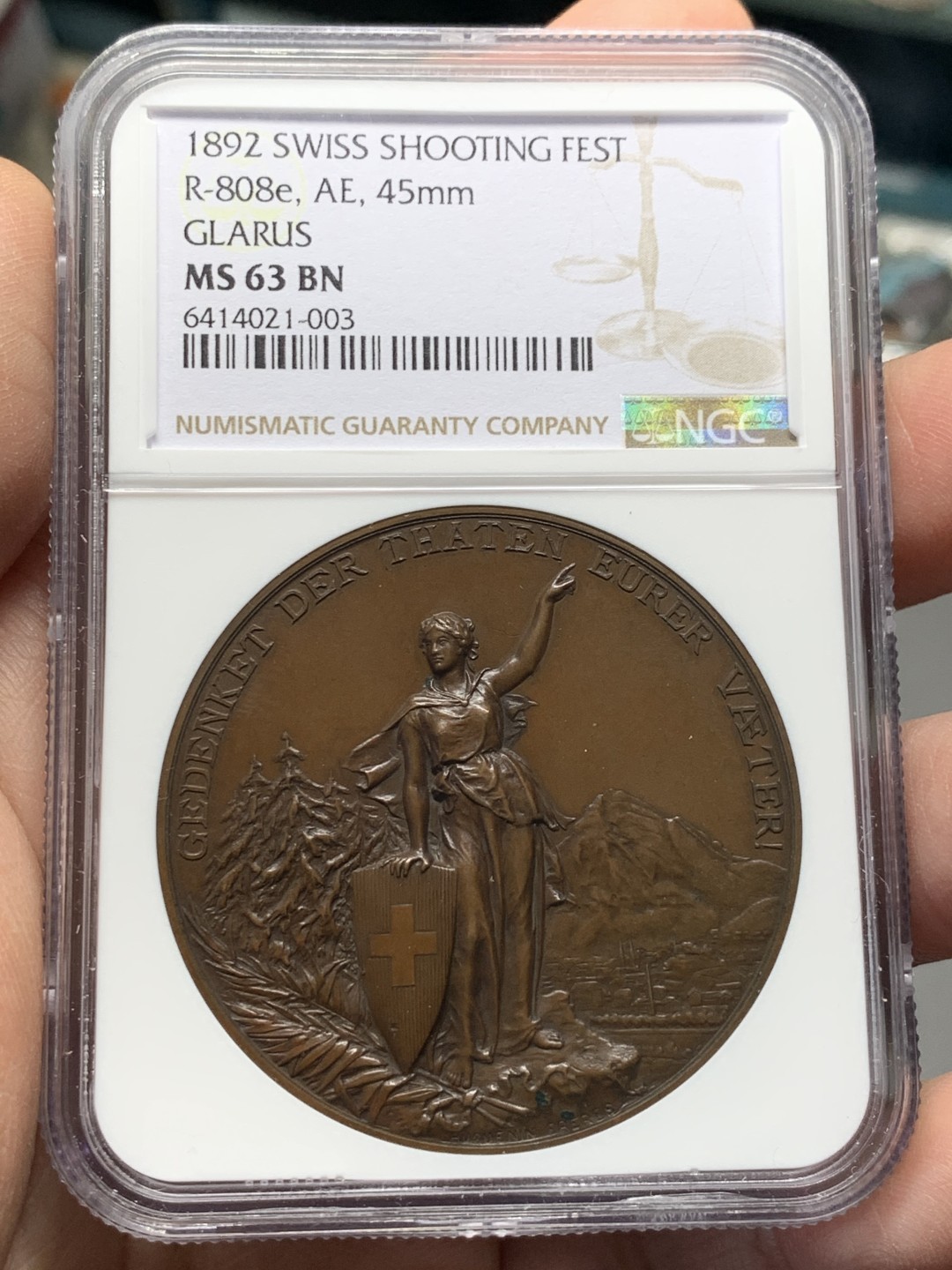 《竞宝斋》第135场-周日，周一连拍 (全场包邮) NGC MS63 瑞士 1892年 格拉鲁斯射击节 铜章 高点具在 巧克力包浆 品质可见