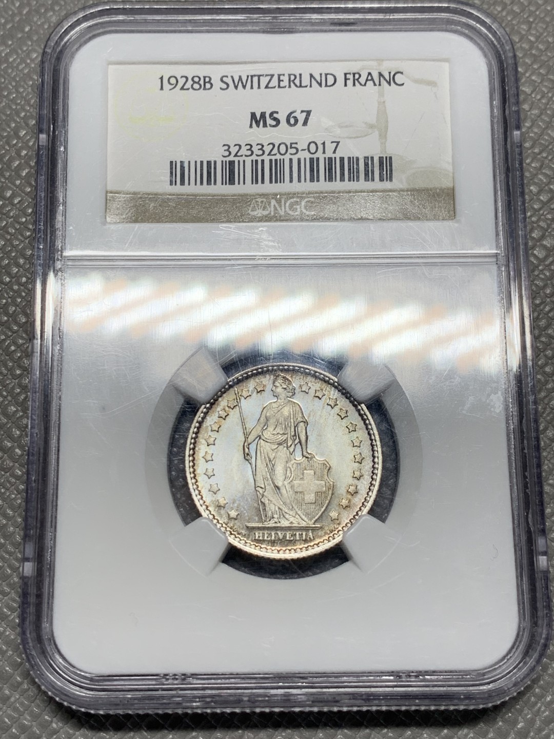 《竞宝斋》第135场-周日，周一连拍 (全场包邮) NGC-MS67 瑞士 1928年 1法郎银币 冠军分 转光漂亮 前期年份高分相比二战后50.60年代稀少很多