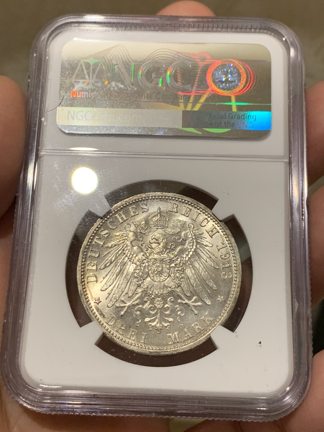 《竞宝斋》第135场-周日，周一连拍 (全场包邮) NGC-MS63 德国普鲁士1913年威廉二世在位25周年纪念3马克银币