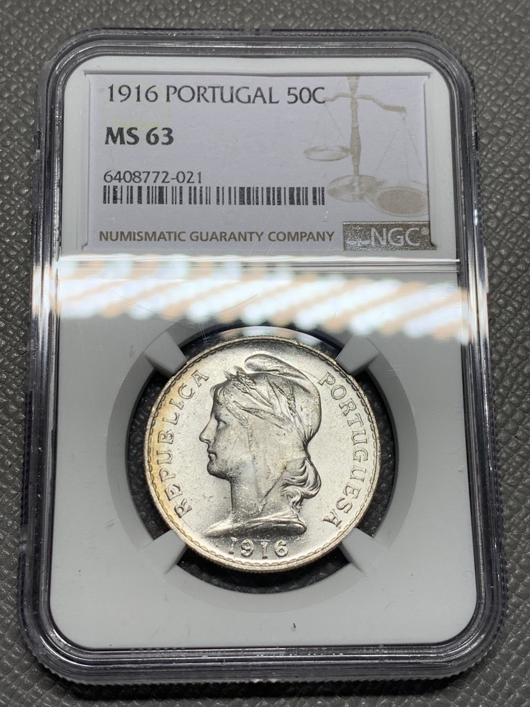 《竞宝斋》第135场-周日，周一连拍 (全场包邮) NGC-MS63 葡萄牙1916年 50分自由女神半圆银币