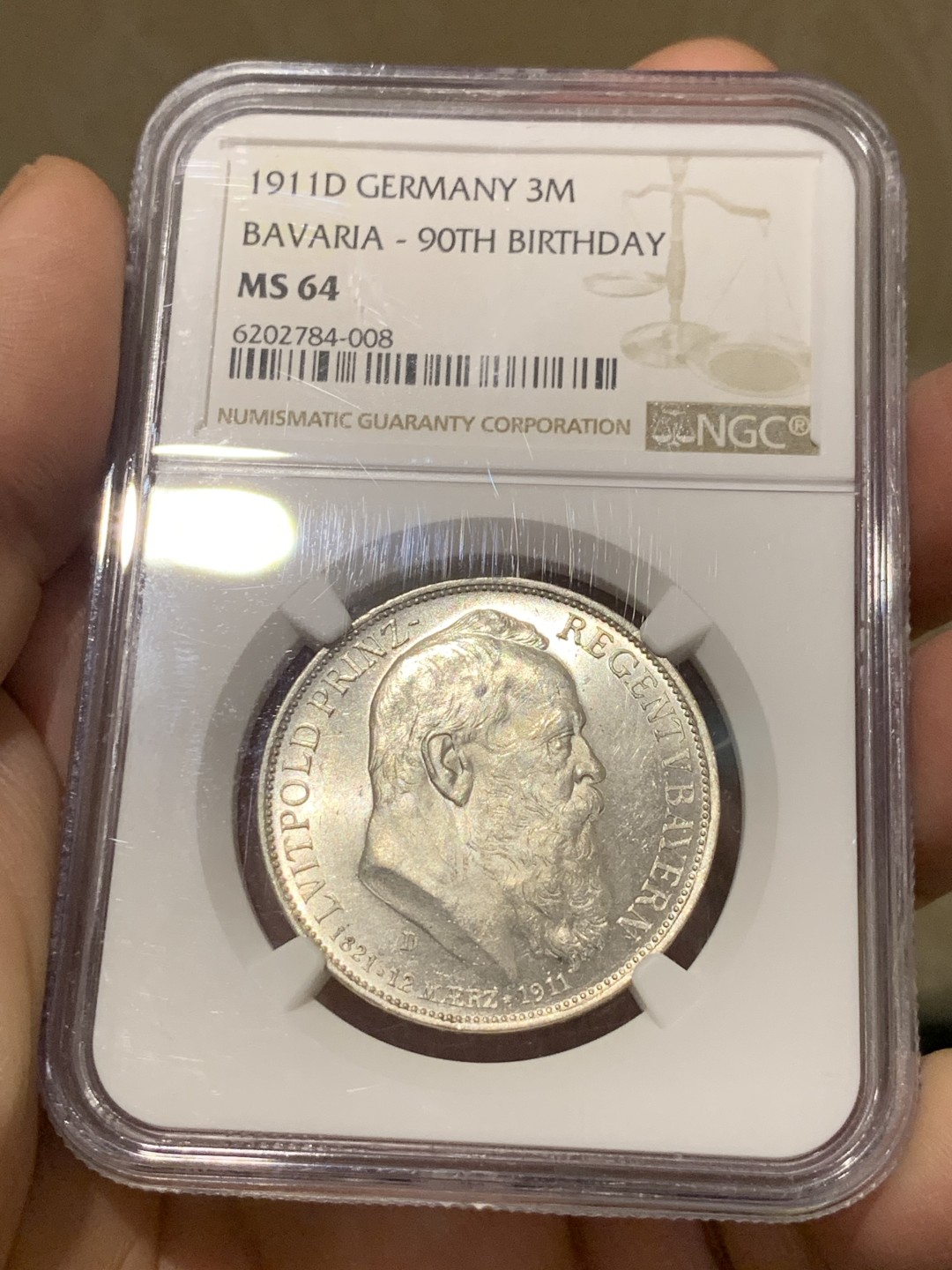 《竞宝斋》第135场-周日，周一连拍 (全场包邮) NGC MS64 德国 巴伐利亚 1911年 三马克 柳奥波德 90 诞辰纪念 银币 光度好 转光