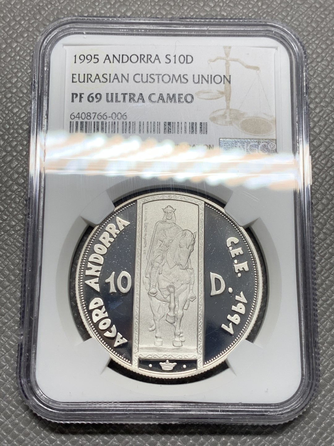 《竞宝斋》第135场-周日，周一连拍 (全场包邮) NGC-PF69 安道尔1995年 欧洲海关联盟 10第纳尔精制大银币