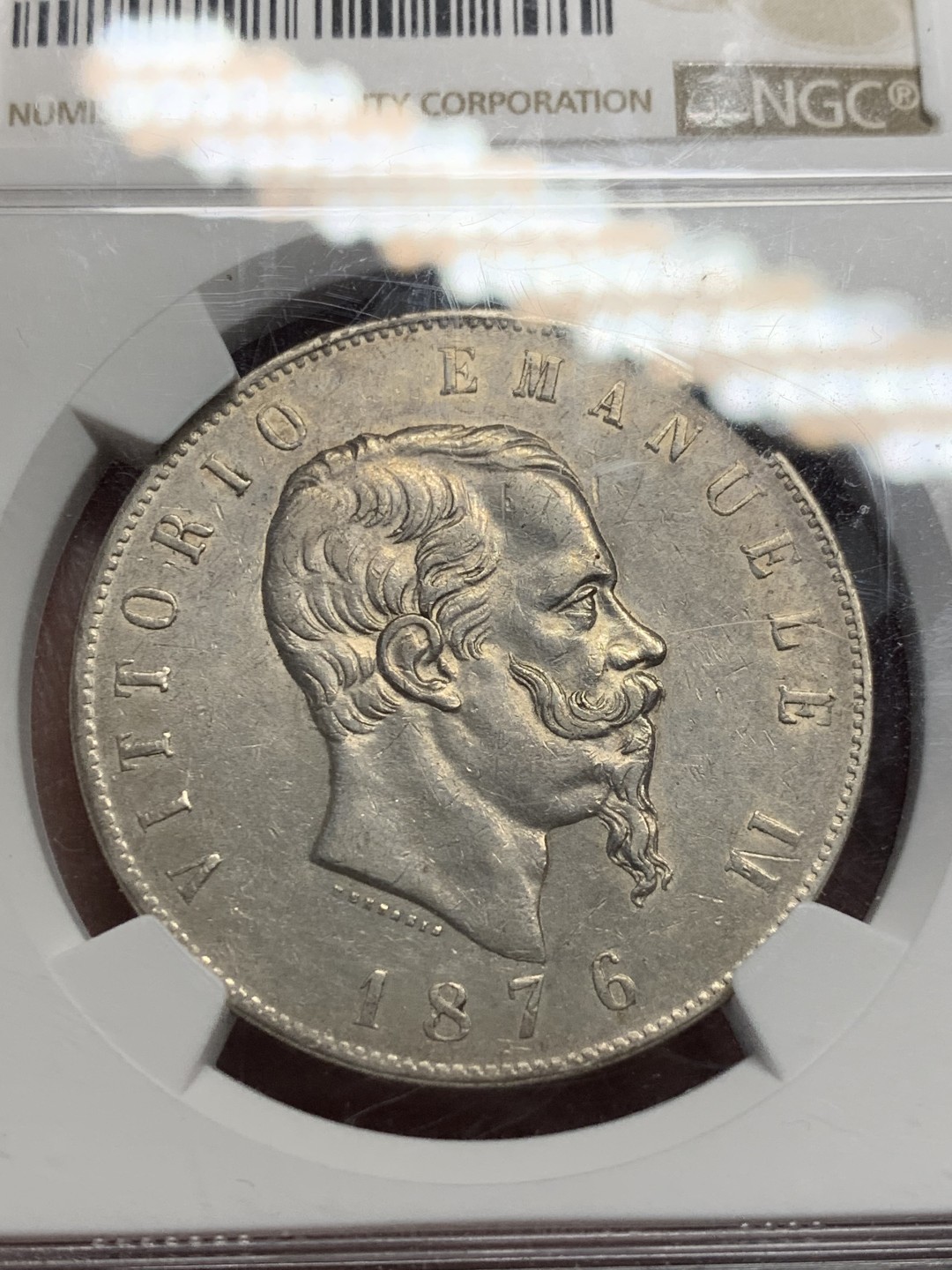 《竞宝斋》第135场-周日，周一连拍 (全场包邮) NGC-AU53 意大利 1876年 伊曼纽尔 5里拉 大银币